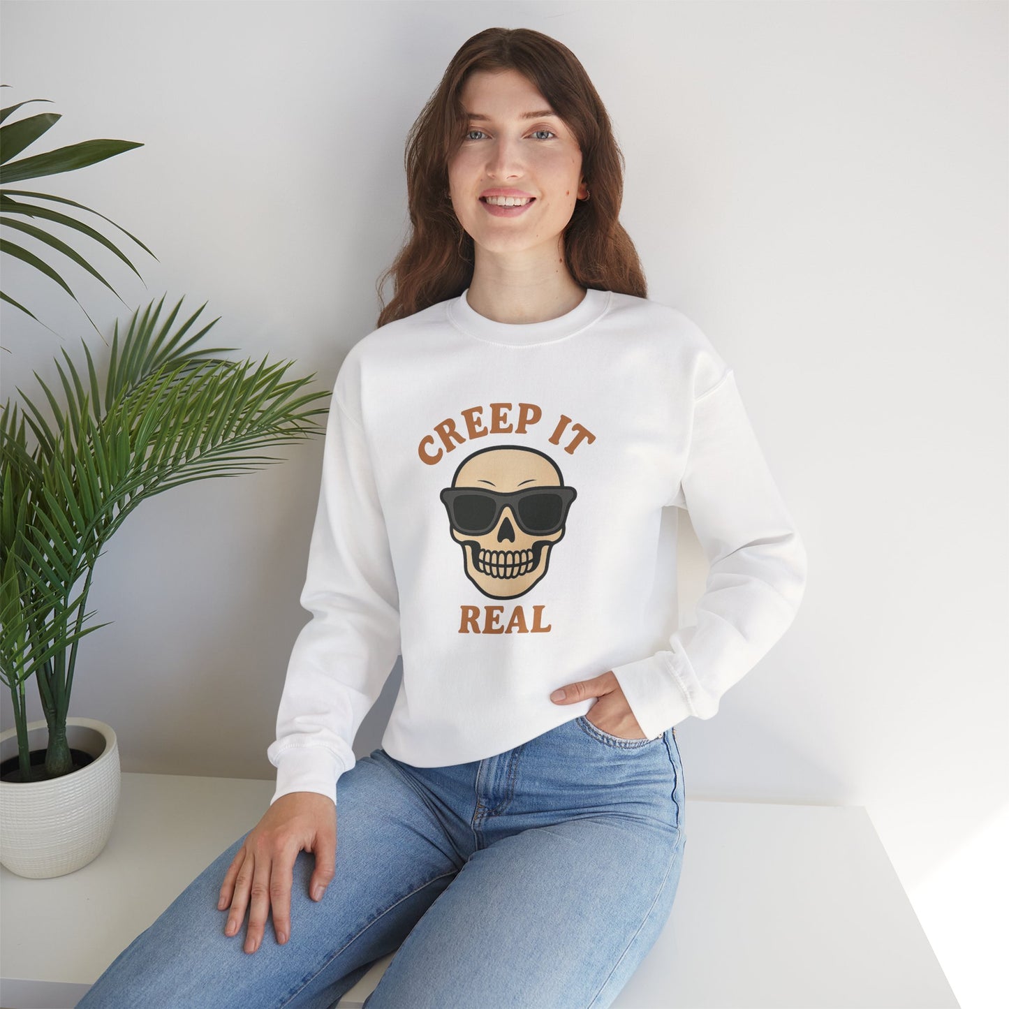 Creep It Real Skull Sweatshirt, Funny Halloween Skull Crewneck, Spooky Skeleton Pullover, Dark Graphic Sweatshirt, Unisex Halloween Gift