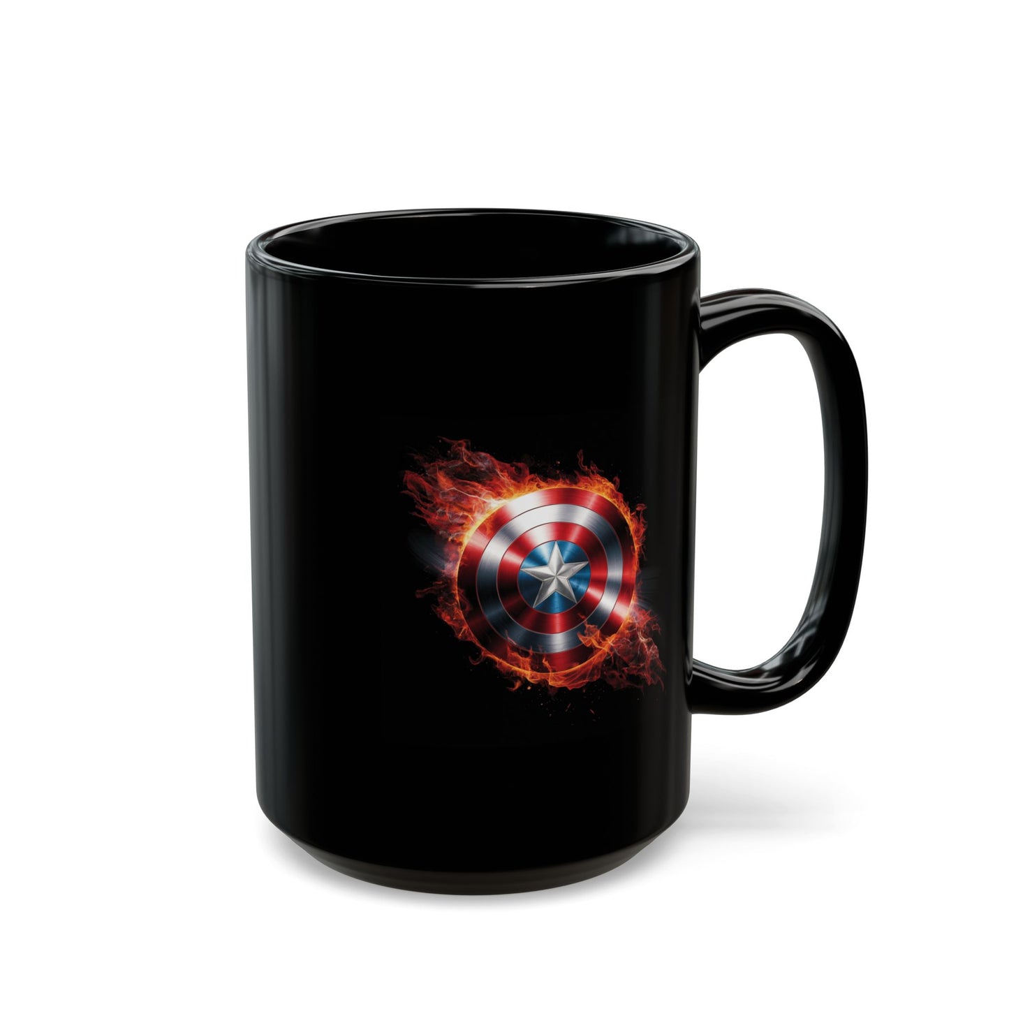 Flaming Shield Emblem Mug - Fiery Red White Blue Star Coffee Cup, Metal-Inspired Symbol Design, Bold Hero Vibes Gift for Fans and Coffee Lovers