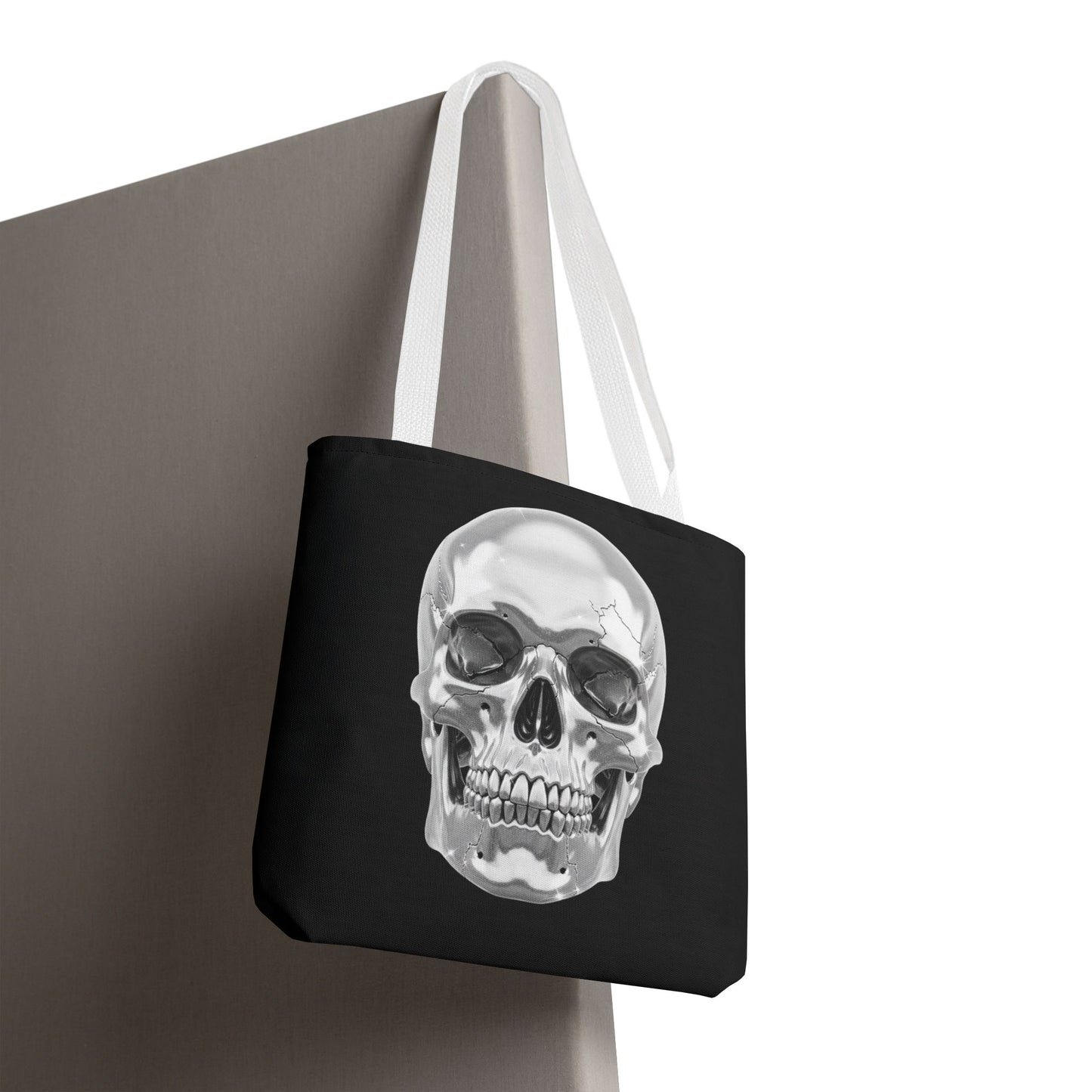 Chrome Skull Tote Bag, Gothic Halloween Canvas Tote, Metallic Skull Design Bag, Spooky Season Accessory, Skull Gift Tote For Horror Fans