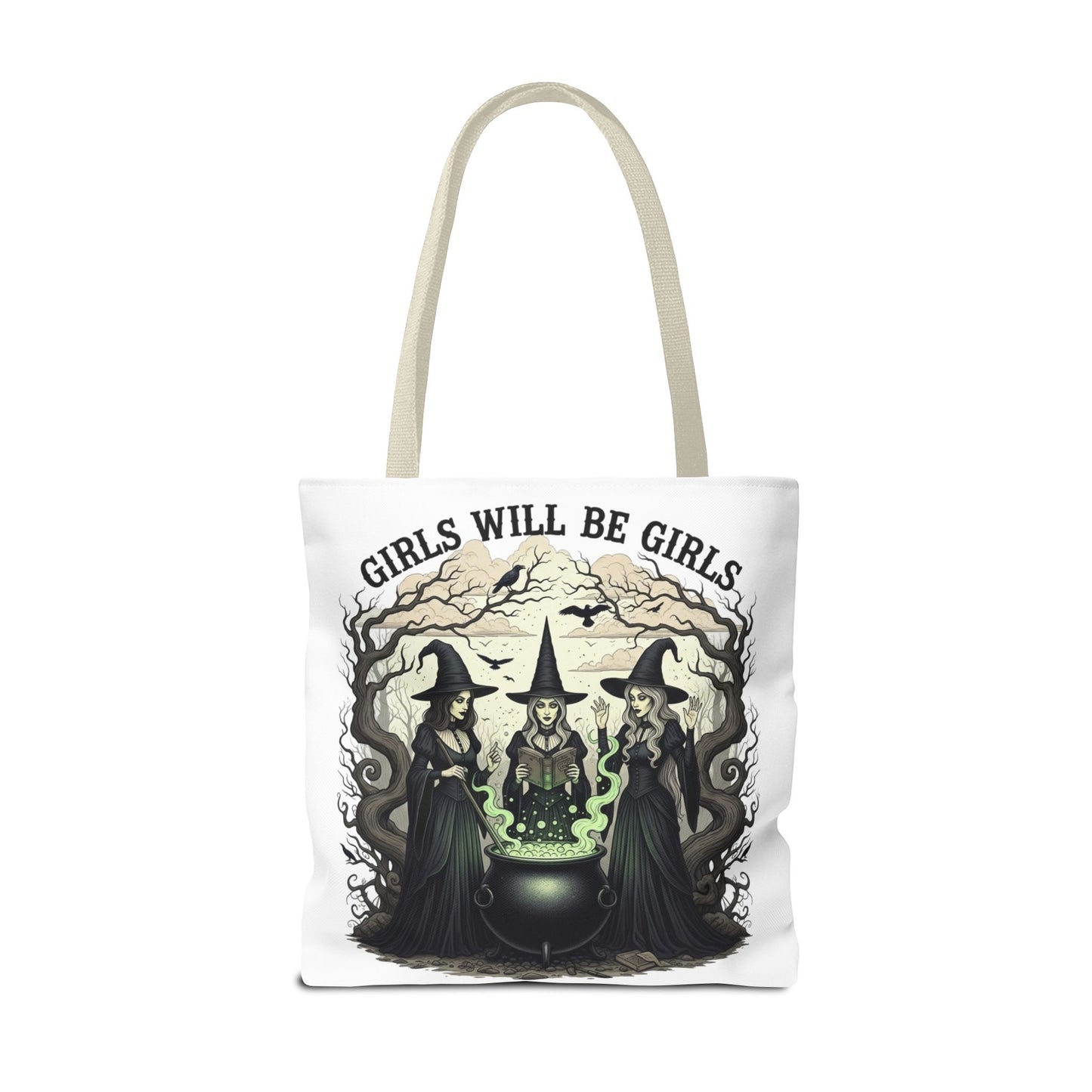 Girls Will Be Girls Halloween Tote Bag, Witchy Aesthetic Bag, Gothic Witches Cauldron Art, Spooky Gift, Reusable Eco Tote For Halloween Lovers