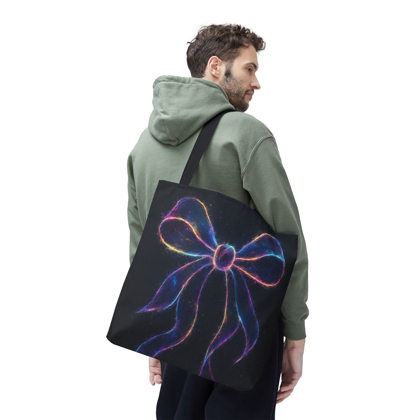 Galaxy Glow Bow Tote Bag, Cosmic Neon Ribbon Design, Black Space Art Bag, Celestial Gift For Her, Stylish Reusable Everyday Tote