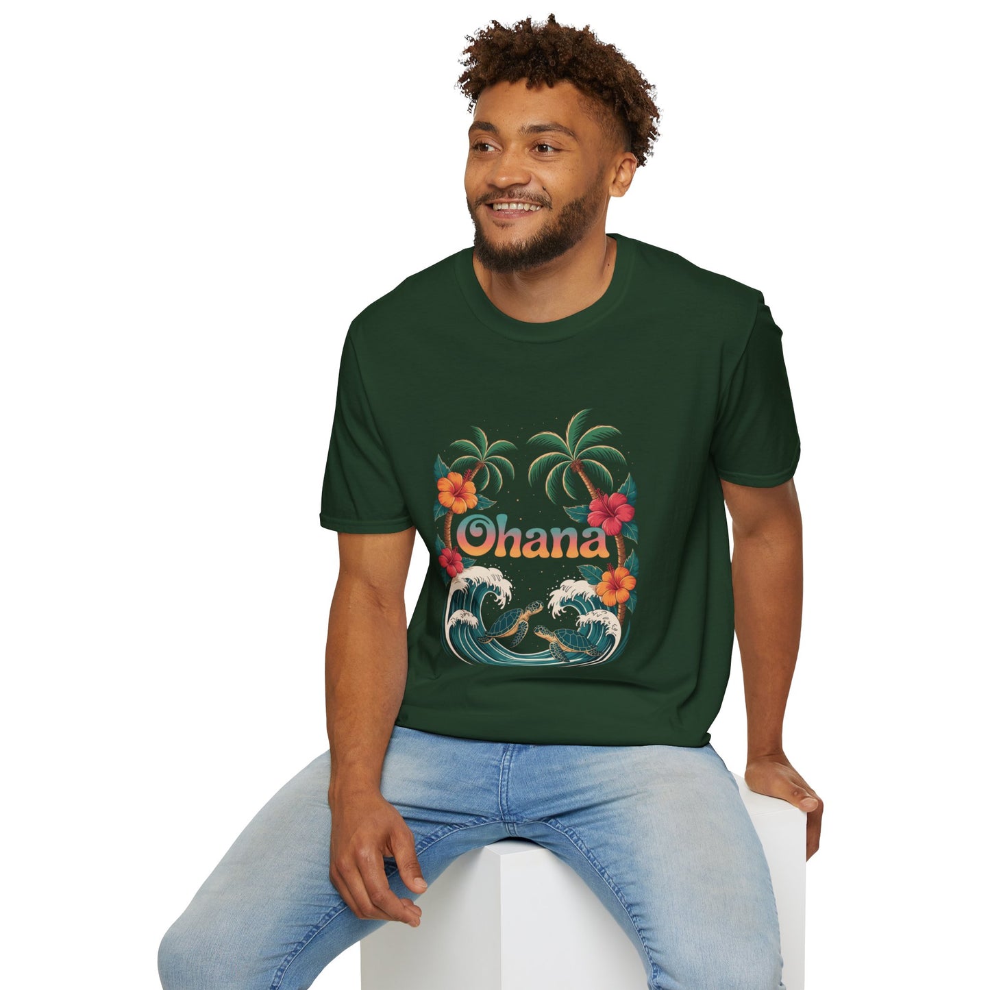 Ohana Shirt - Retro Hawaiian Sea Turtle & Palm Tree Graphic Tee - Tropical Beach Family Gift, Summer Vacation Aesthetic T-Shirt