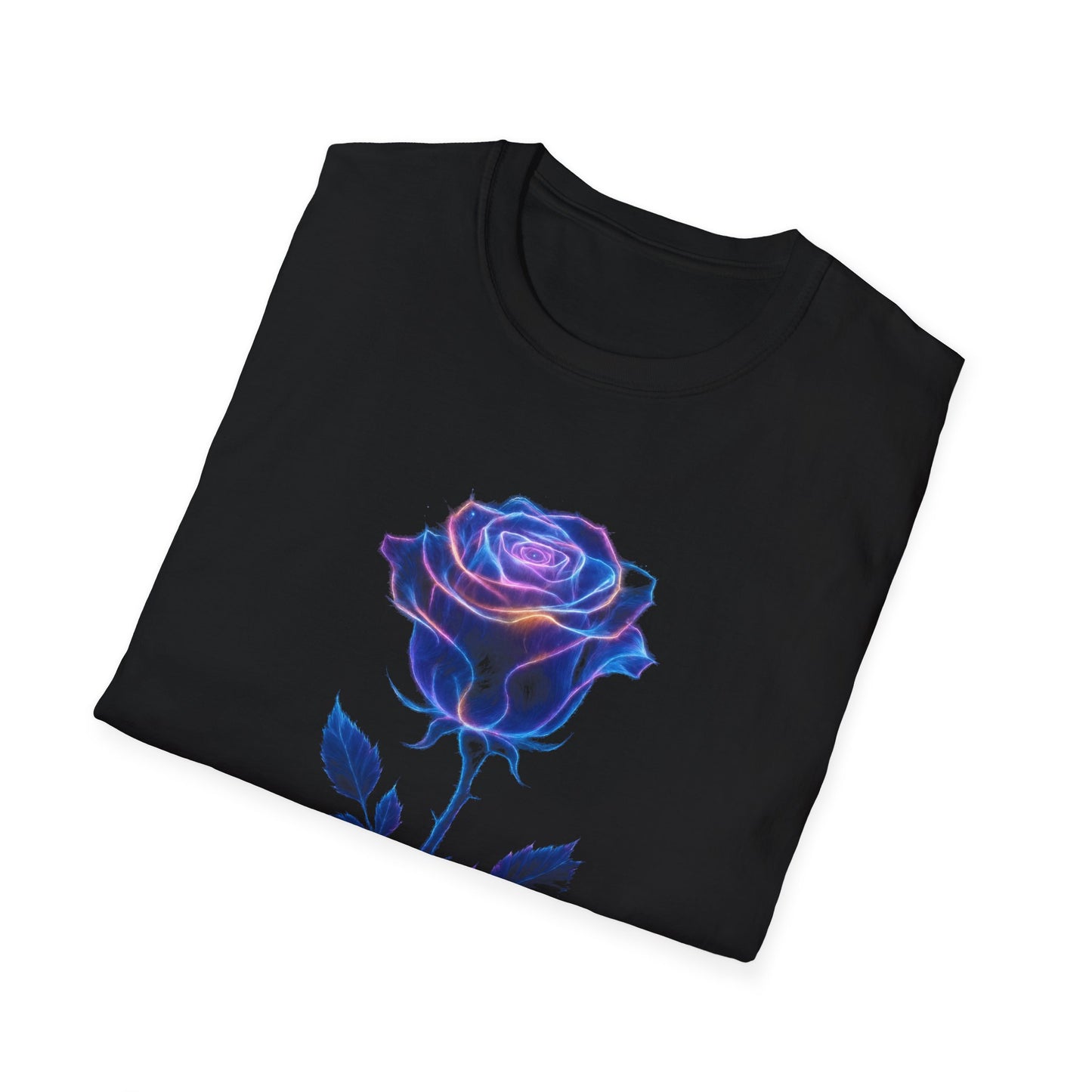 neon rose t-shirt, glowing rose tee, floral graphic shirt, neon flower design, botanical t-shirt, glow aesthetic top, trendy rose apparel