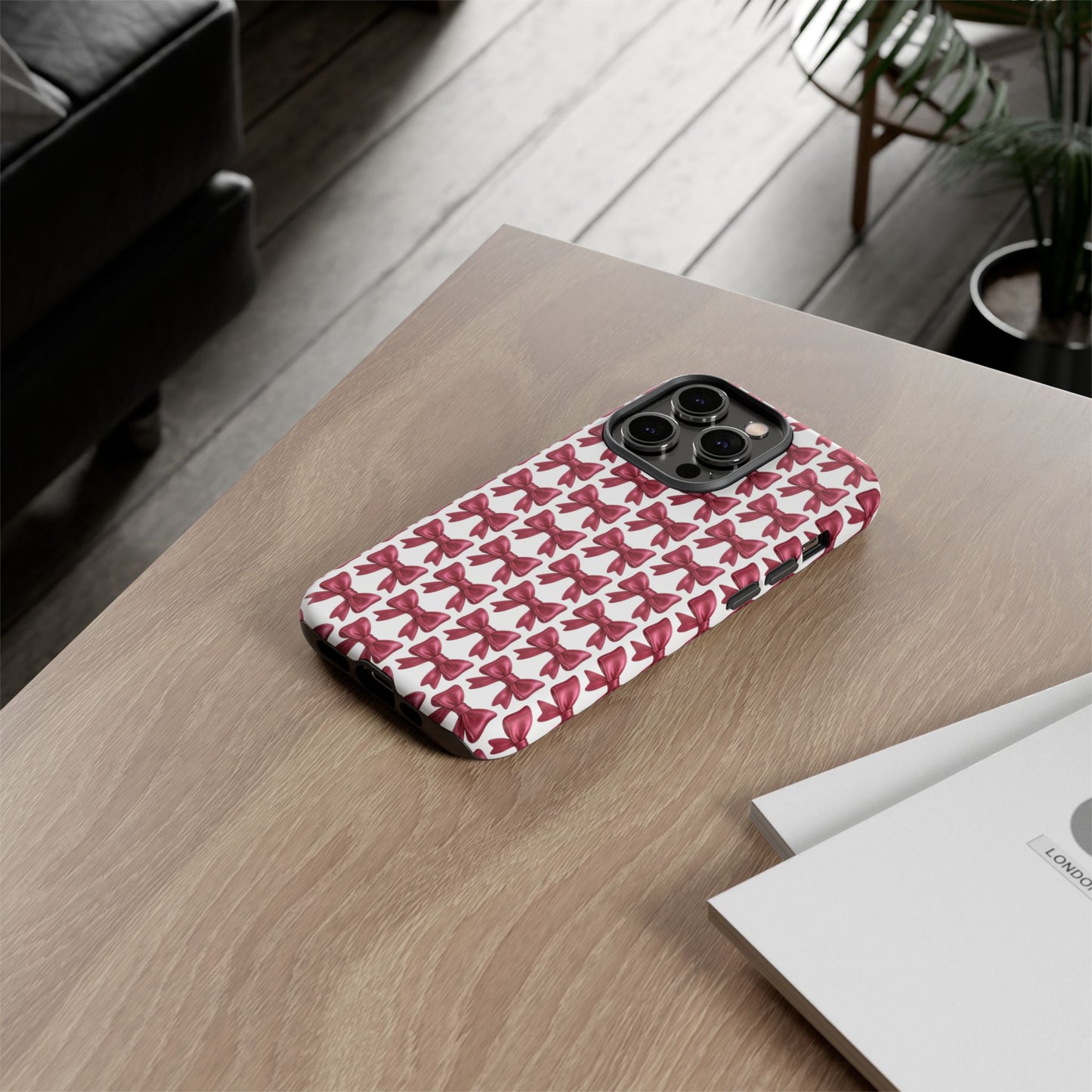 Coquette Bow iPhone Case - Burgundy Ribbon Pattern Phone Cover, Girly Aesthetic Accessory, Cute Gift for Her