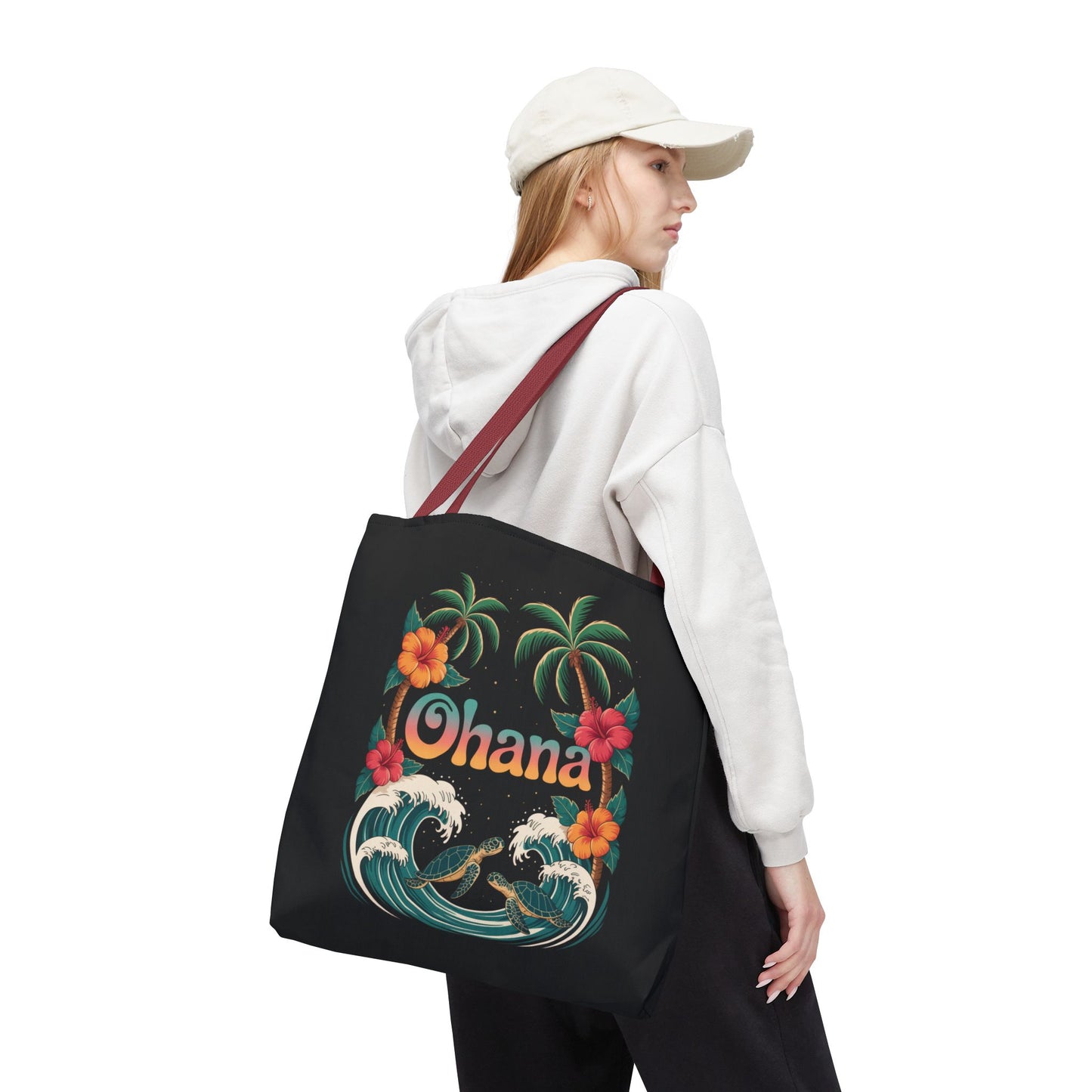 Ohana Tote Bag – Hawaiian Beach Tote with Sea Turtles & Palm Trees – Floral Tropical Reusable Bag, Summer Gift, Aesthetic Travel Purse