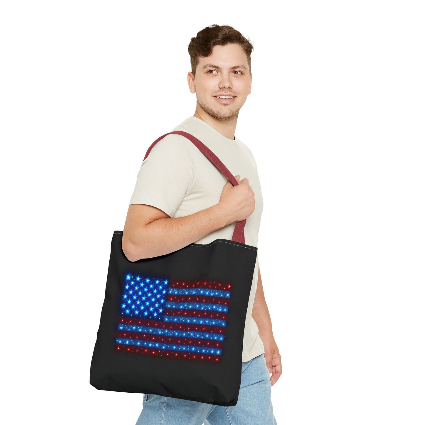 Galaxy Bioluminescent USA Flag Tote Bag - Patriotic Cosmic Canvas Shopper - Starry Red White Blue Tote Non-Glow - 4th July Gift