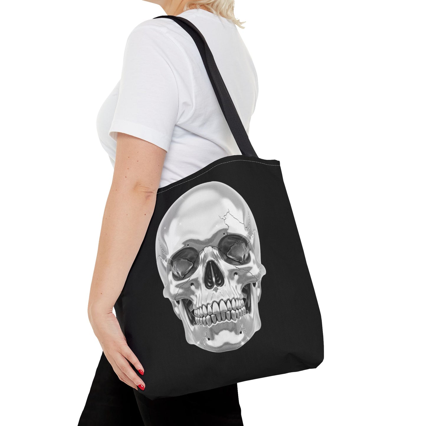 Chrome Skull Tote Bag, Gothic Halloween Canvas Tote, Metallic Skull Design Bag, Spooky Season Accessory, Skull Gift Tote For Horror Fans