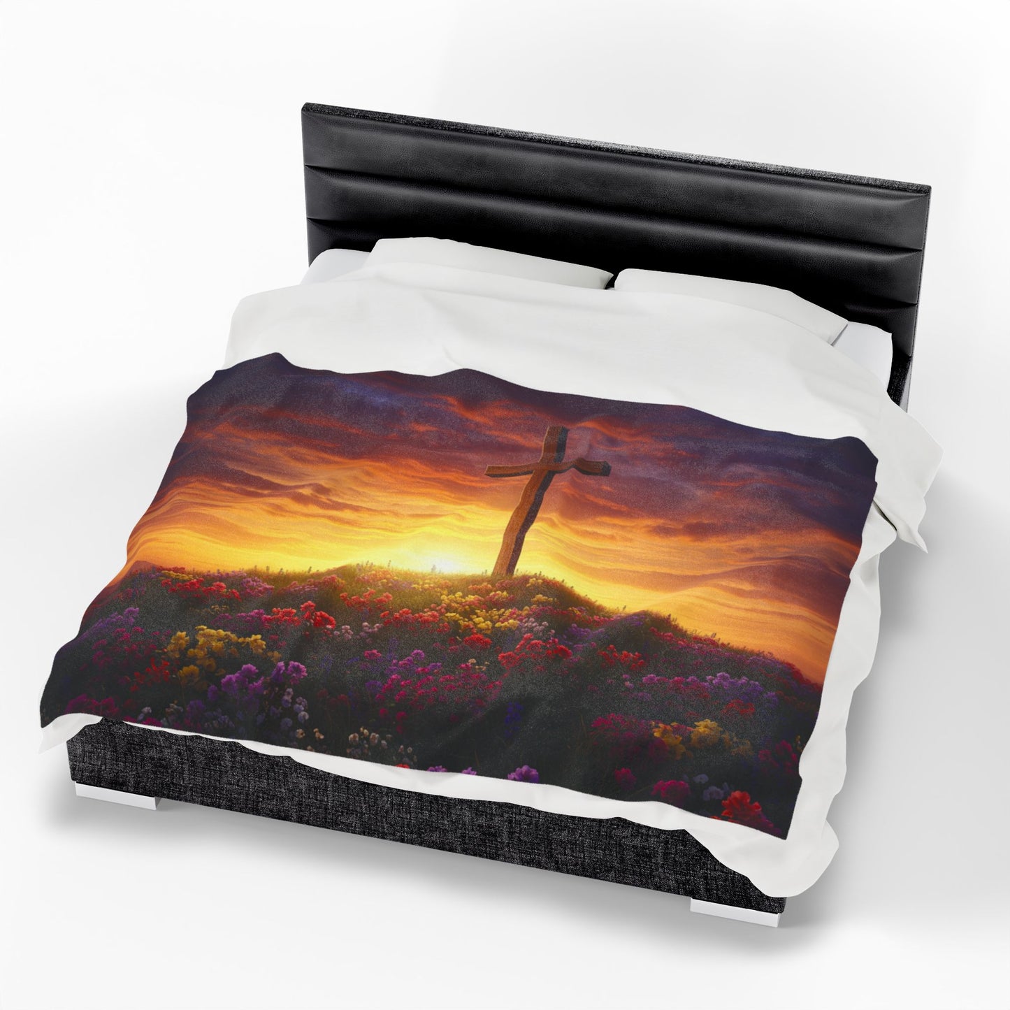 Velveteen Plush Blanket DaVinci Style Cross Hill Painting Christian Blanket Spiritual Decor Religious Throw Gift for Believers
