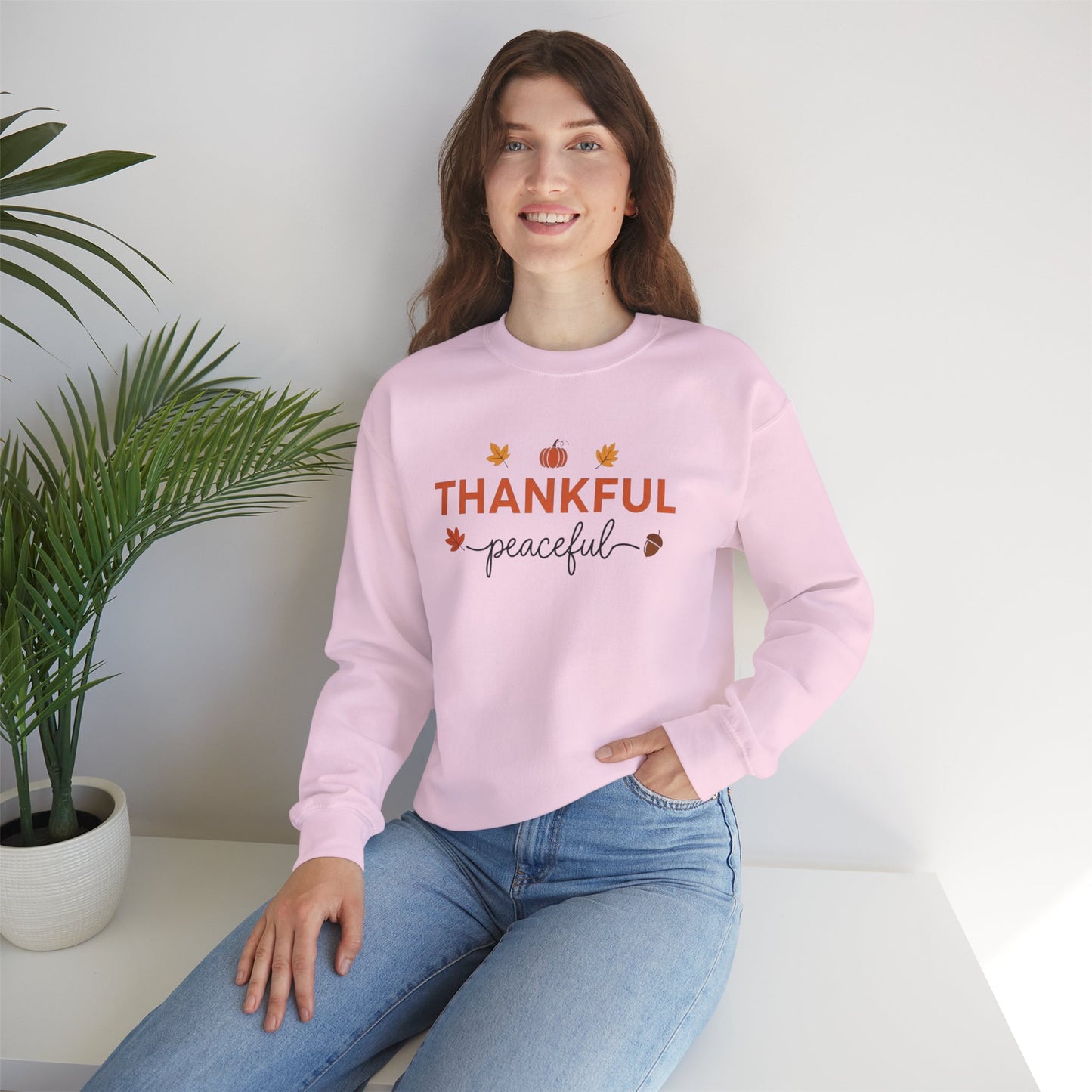 Thankful Peaceful Sweatshirt, Minimalist Fall Crewneck, Autumn Pumpkin Sweater, Thanksgiving Pullover, Cozy Seasonal Gratitude Gift