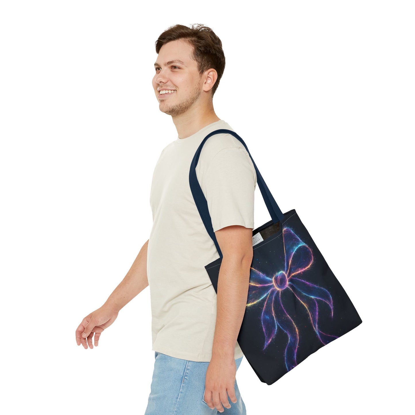 Galaxy Glow Bow Tote Bag, Cosmic Neon Ribbon Design, Black Space Art Bag, Celestial Gift For Her, Stylish Reusable Everyday Tote