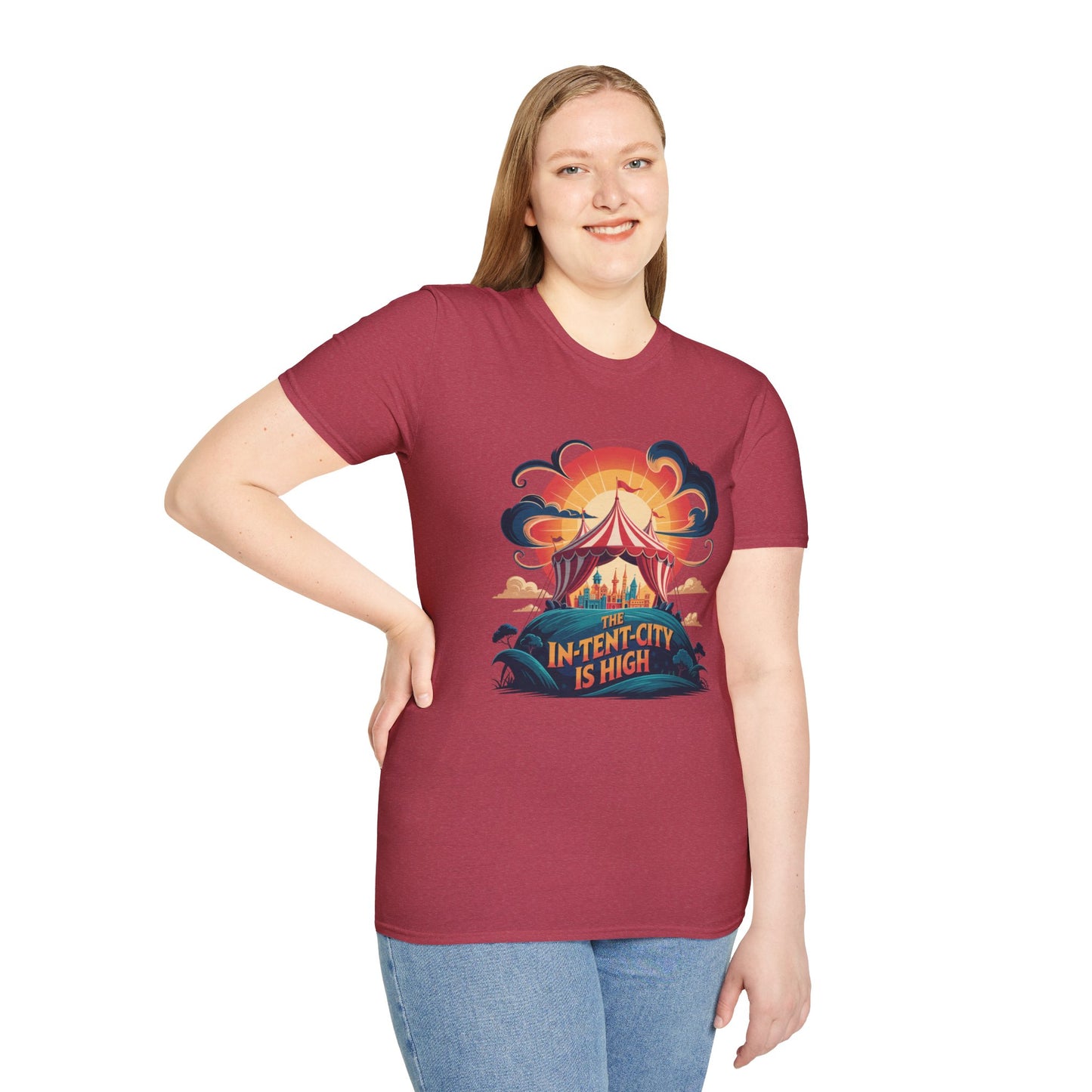 In-Tent-City Is High Retro Camp T-Shirt | Vintage Circus Tent + Cityscape Graphic | Funny Outdoors Urban Adventure Tee | Unisex Camper Shirt