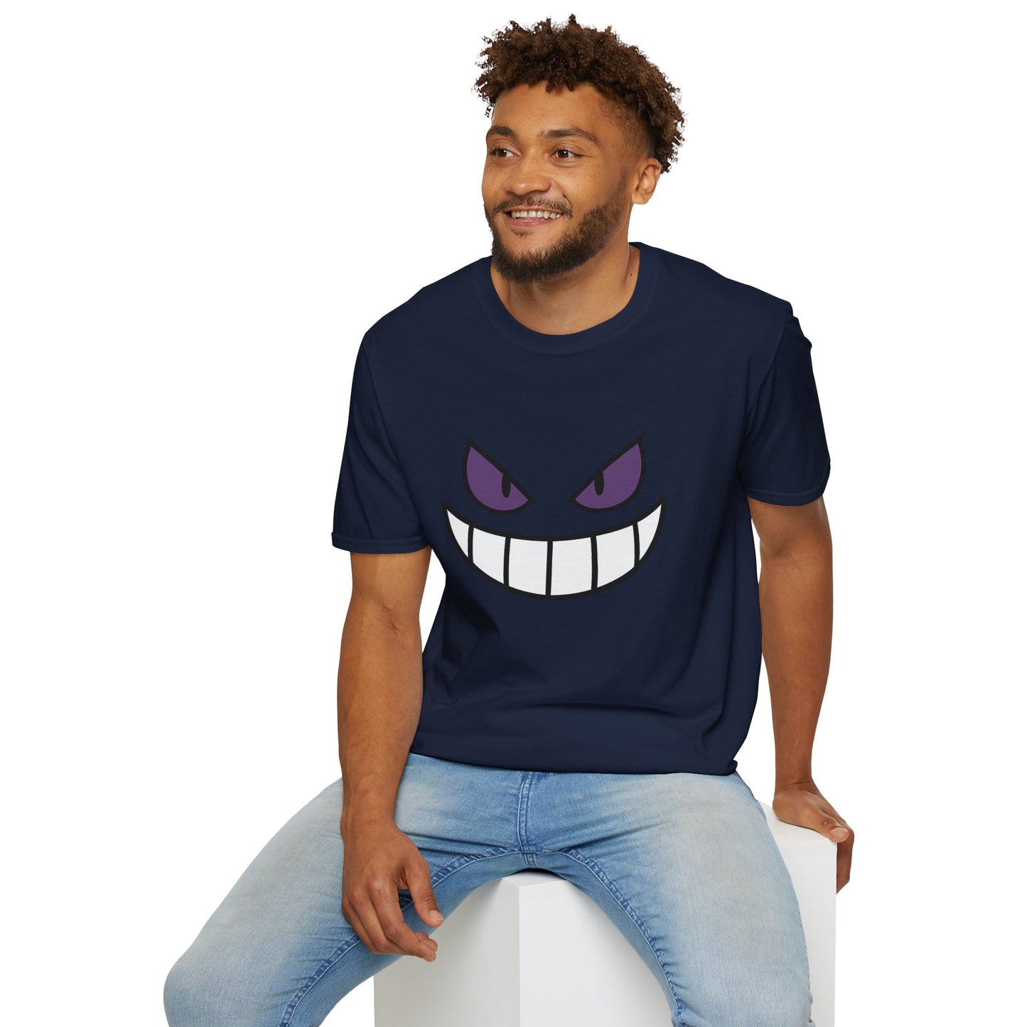 Mischievous Shadow Face Tee - Purple Eyes and Big Grin Graphic Shirt | Spooky Cute Gift, Retro Gaming Vibe, Funny Halloween Unisex Top