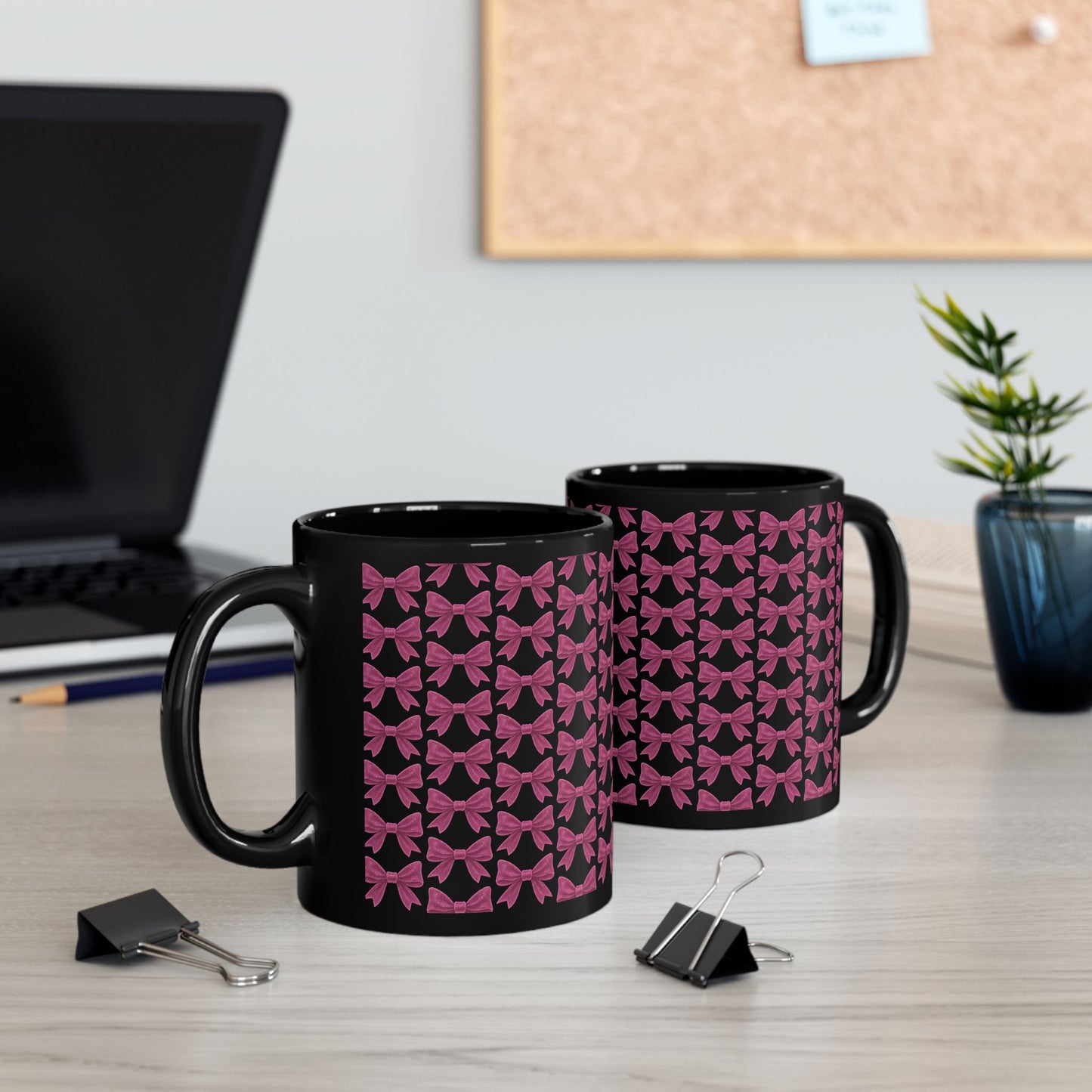Mug with Sparkling Pink Bow Pattern Feminine Cup Unique Decor Black Pink Kitchen Mug