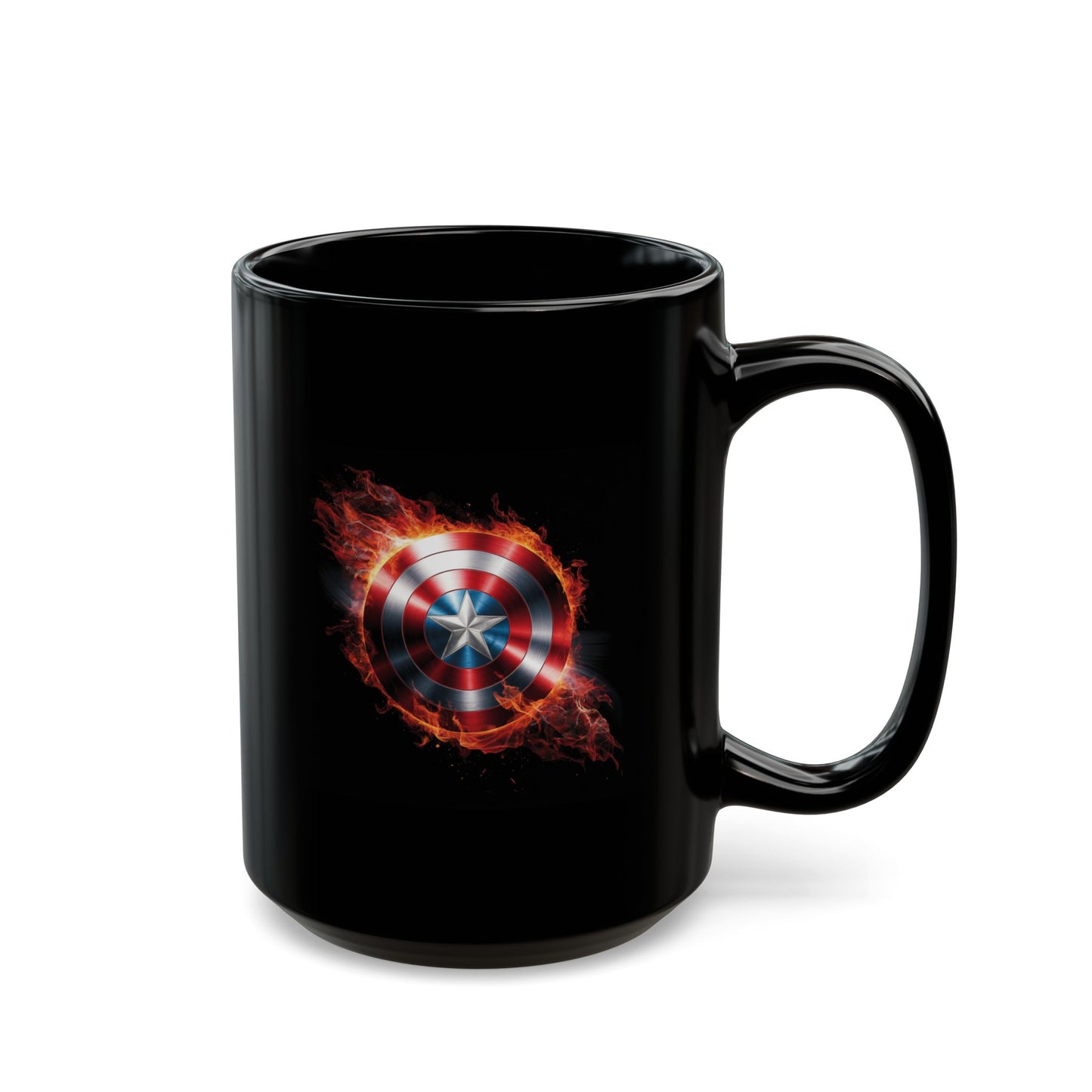 Flaming Shield Emblem Mug - Fiery Red White Blue Star Coffee Cup, Metal-Inspired Symbol Design, Bold Hero Vibes Gift for Fans and Coffee Lovers