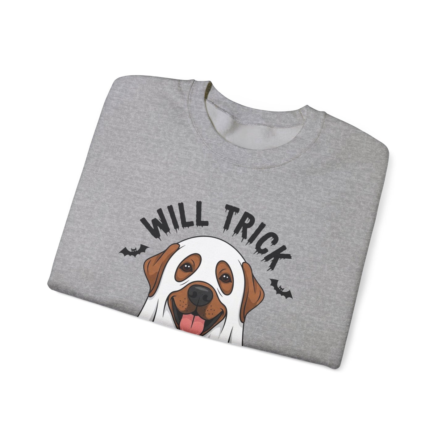 Will Trick for Treat Sweatshirt, Ghost Dog Halloween Crewneck, Funny Pet Costume Graphic Pullover, Trick-or-Treat Dog Lover Gift Sweater