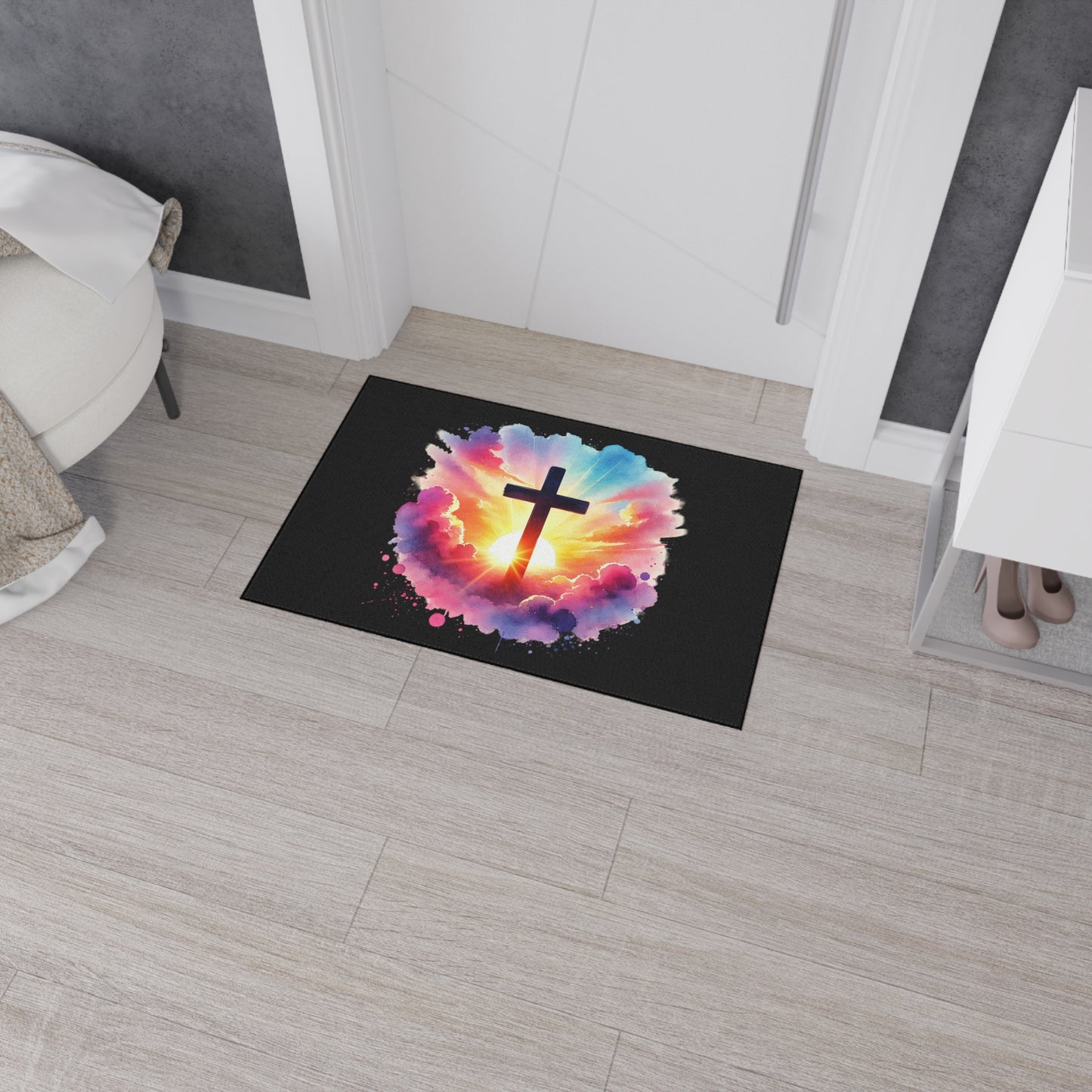 Inspirational Christian Heavy Duty Floor Mat - Sunrise Cross Design