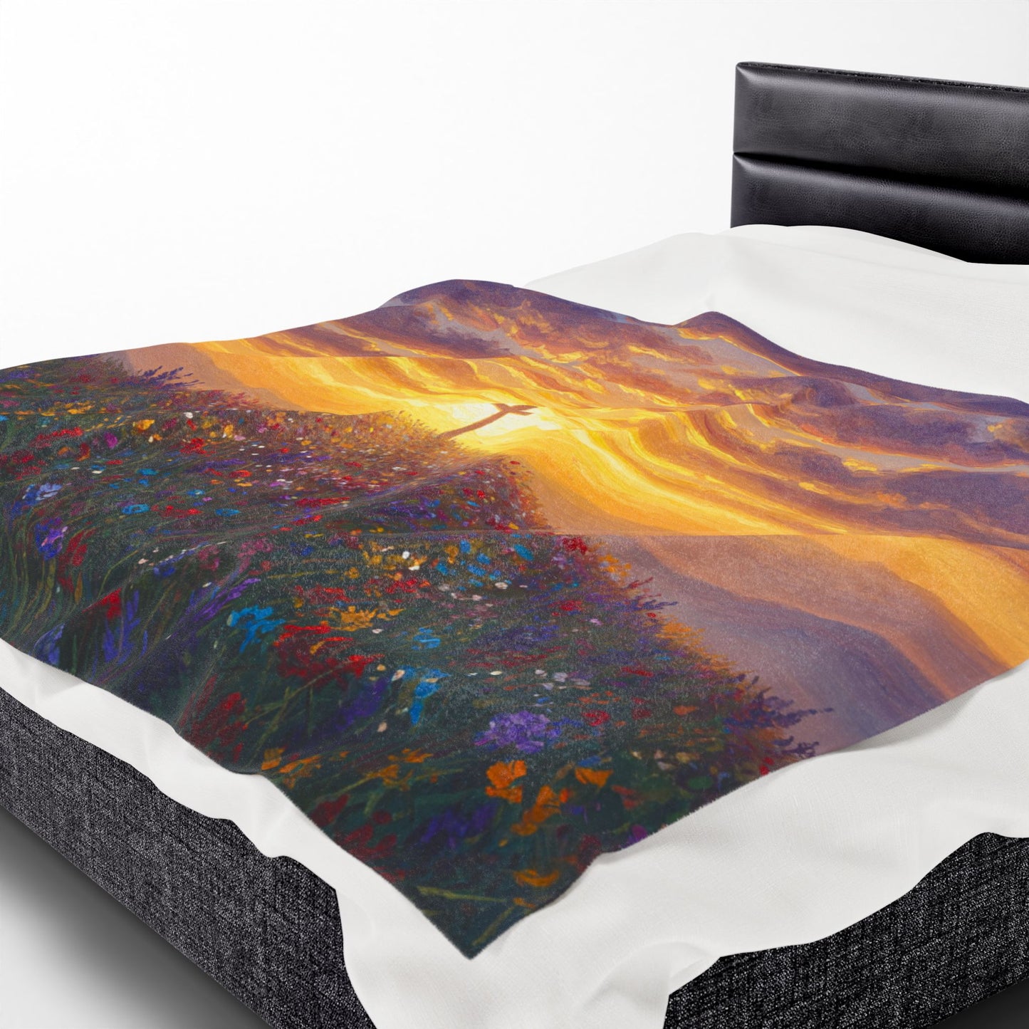 Velveteen Plush Blanket - Monet Style Cross on Hill Painting Christian Blanket Faith Inspired Throw Spiritual Decor Religious Blanket