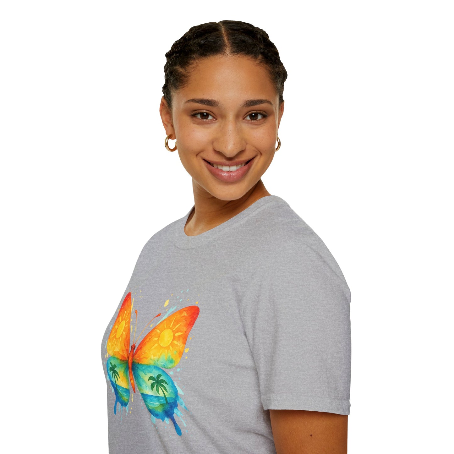 Butterfly Sunset Beach Tee - Ocean & Palm Watercolor Butterfly T-Shirt, Coastal Boho Graphic, Nature Lover Gift, Unisex Casual Tee