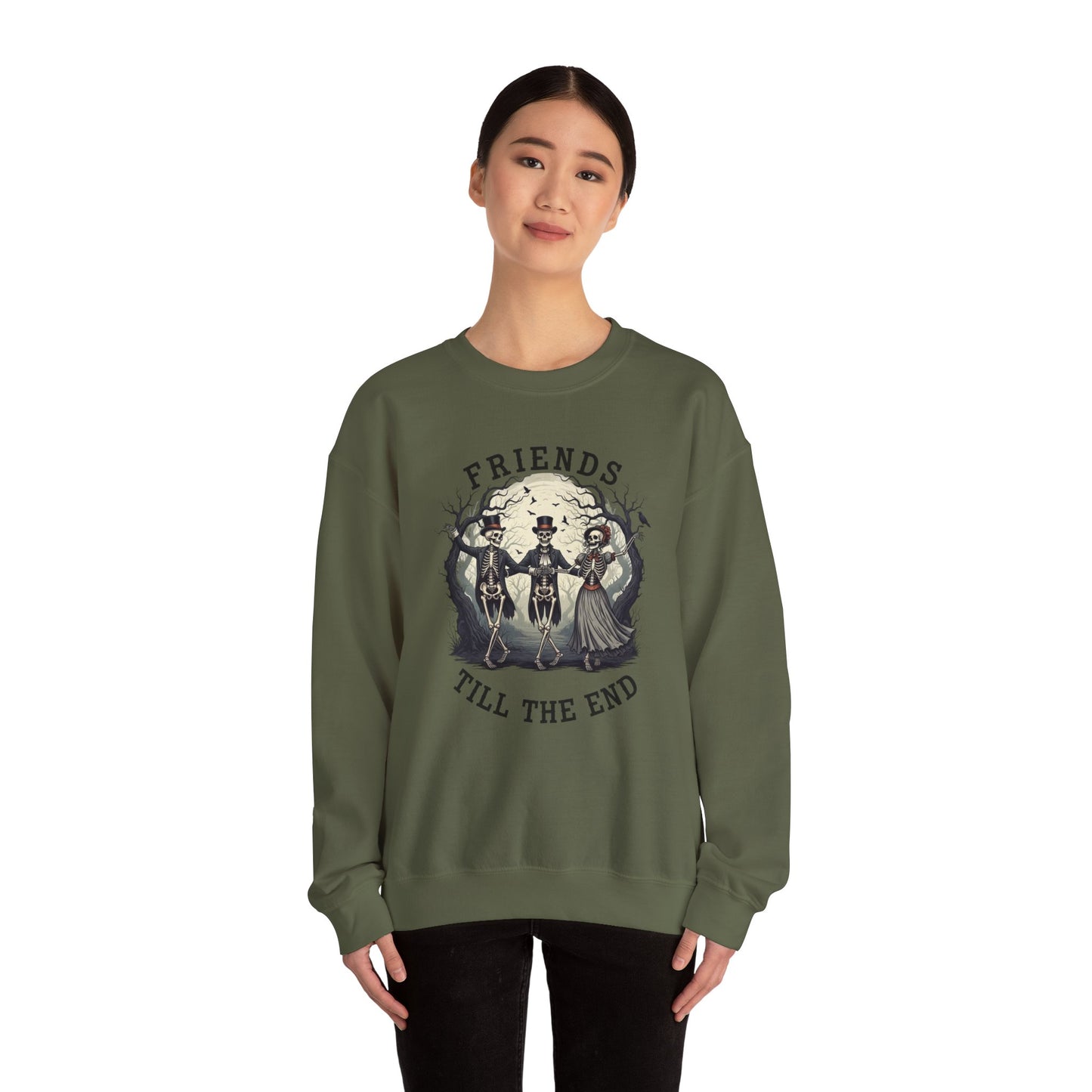 Friends Till The End Skeleton Sweatshirt | Dancing Skeletons Halloween Crewneck | Spooky Fall Graphic Pullover Gift for Bestie