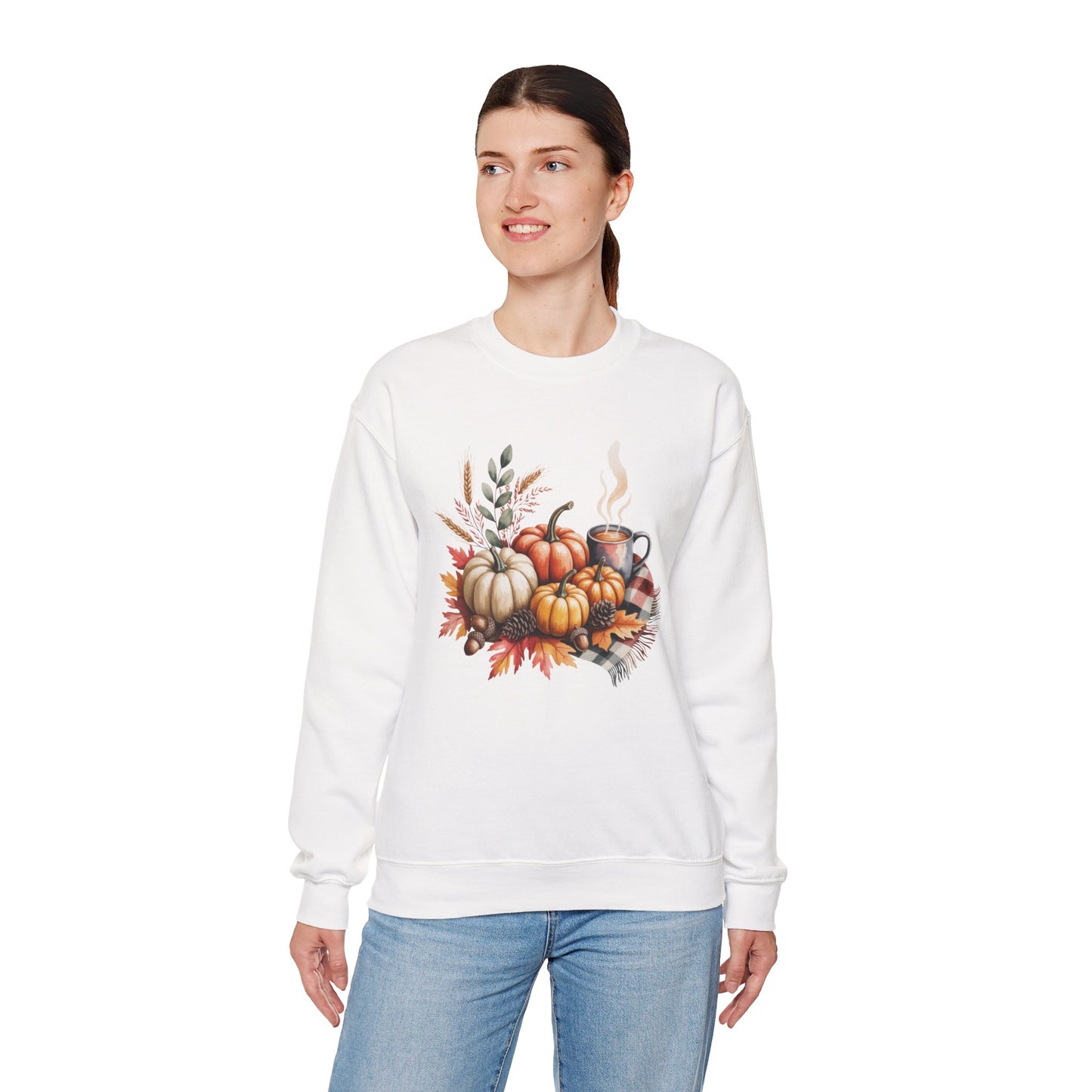 Fall Pumpkin Sweatshirt, Cozy Autumn Crewneck, Thanksgiving Sweater With Pumpkins And Coffee, Fall Leaves Pullover, Seasonal Gift