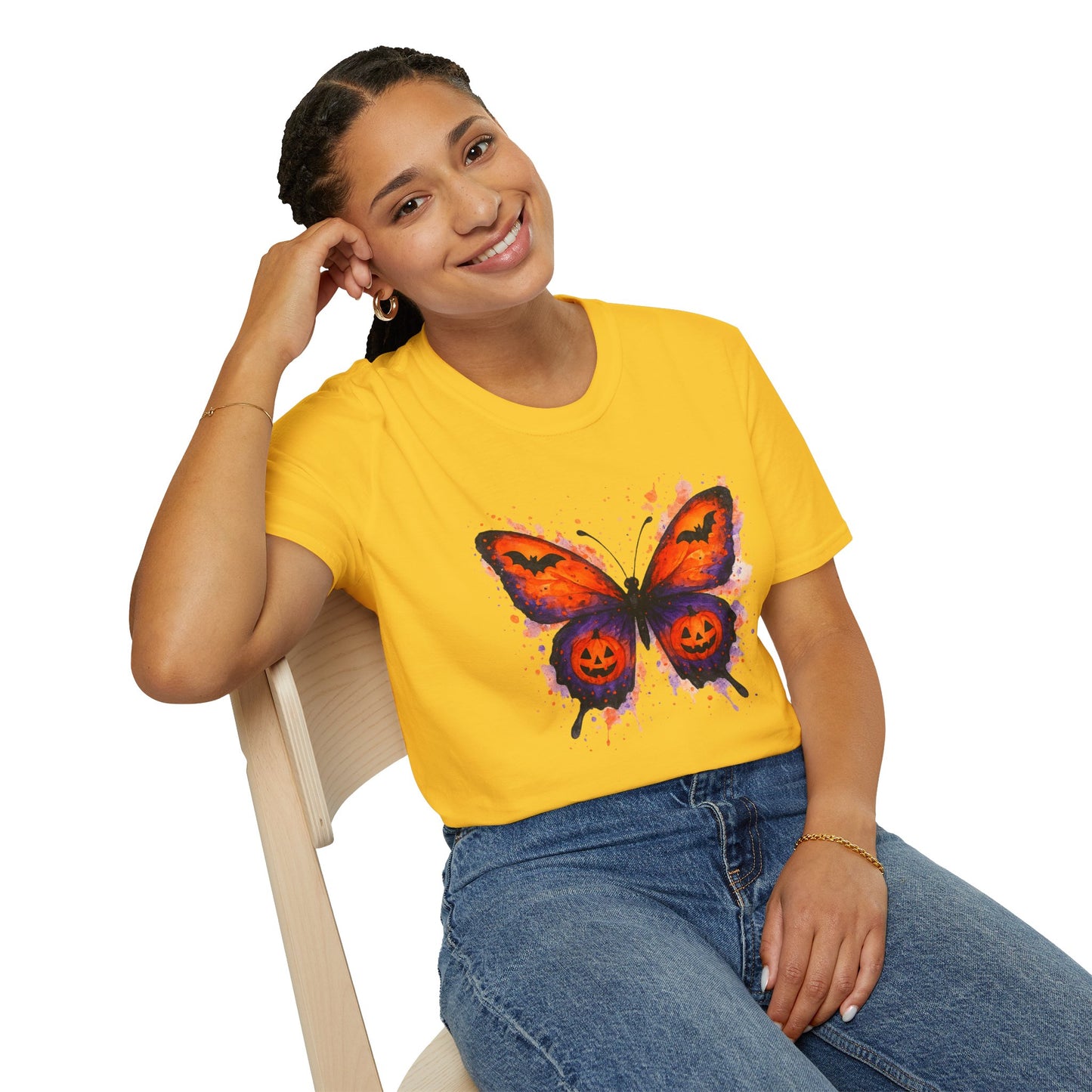 Halloween Watercolor Butterfly T-Shirt - Pumpkin Butterfly Tee, Spooky Butterfly Shirt, Bat and Jack-O'Lantern Wings, Fall Aesthetic Tee