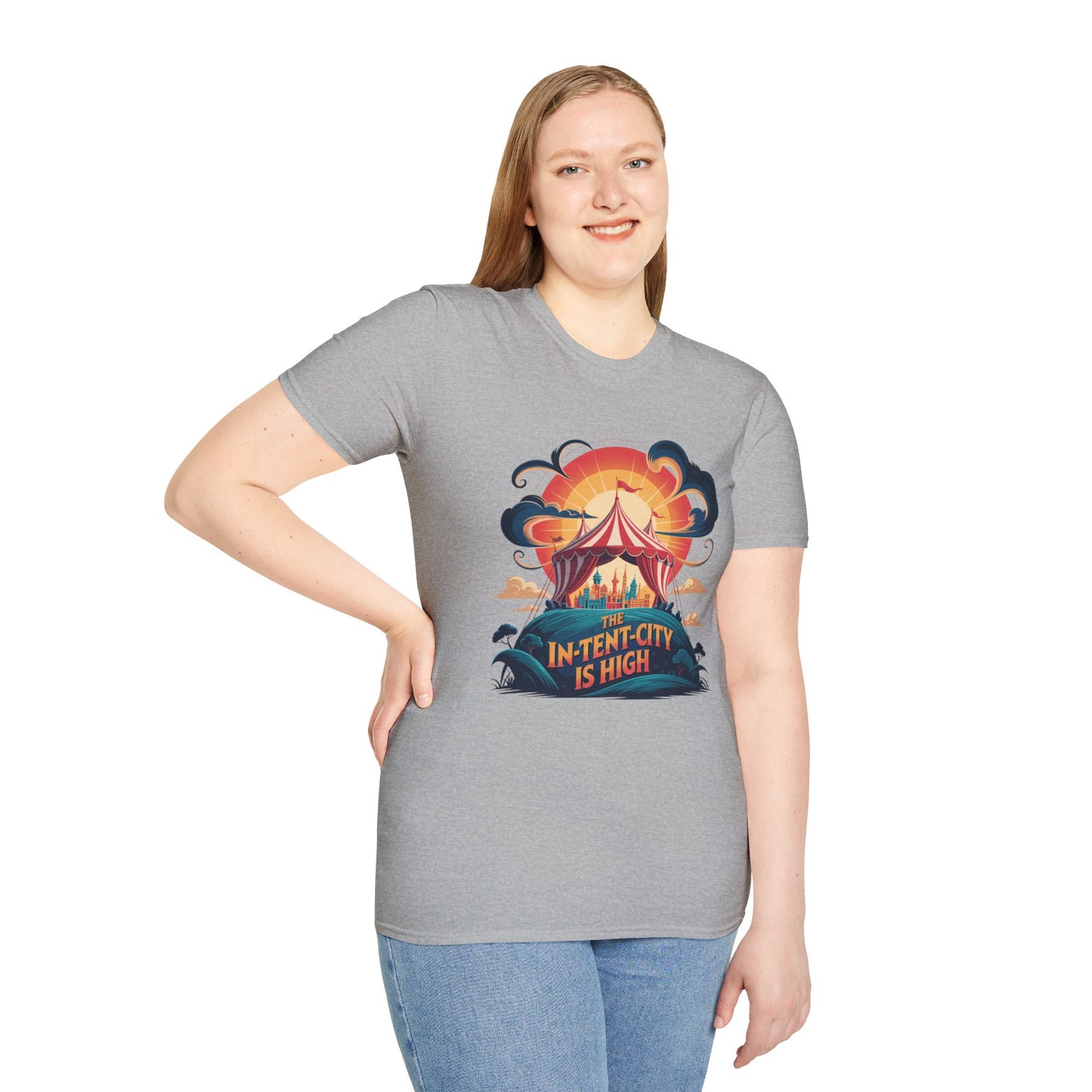 In-Tent-City Is High Retro Camp T-Shirt | Vintage Circus Tent + Cityscape Graphic | Funny Outdoors Urban Adventure Tee | Unisex Camper Shirt
