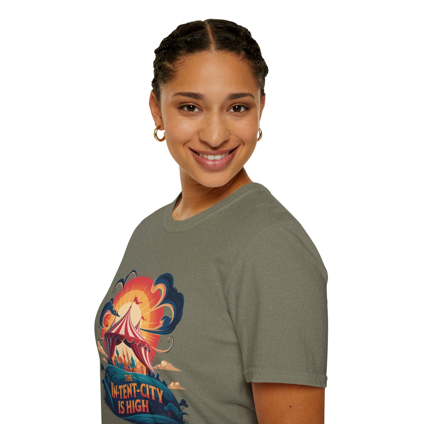 In-Tent-City Is High Retro Camp T-Shirt | Vintage Circus Tent + Cityscape Graphic | Funny Outdoors Urban Adventure Tee | Unisex Camper Shirt