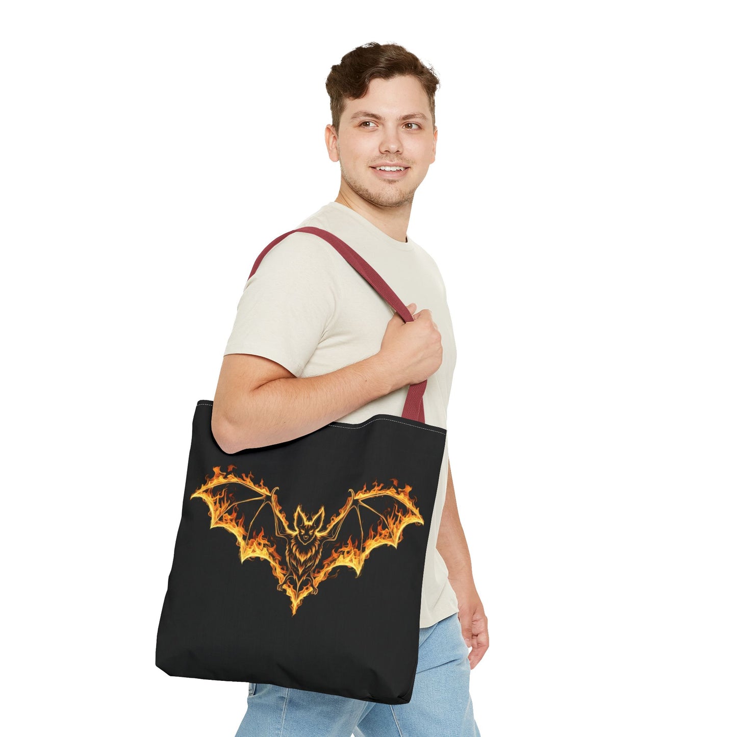 Flaming Bat Tote Bag, Gothic Halloween Canvas Tote, Fiery Wing Bat Design Tote, Spooky Season Accessory, Gothic Gift Tote
