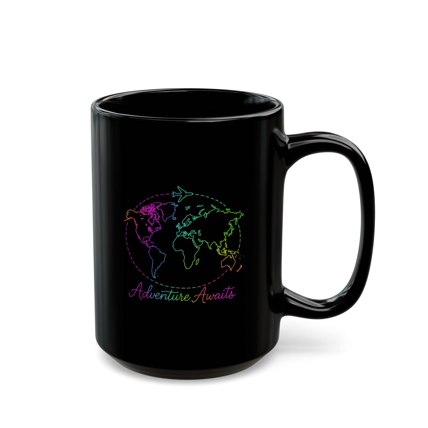 Adventure Awaits Neon Line Mug - Y2K Travel Coffee Cup - Rainbow World Map, Plane Design Ceramic Gift for Wanderlusters