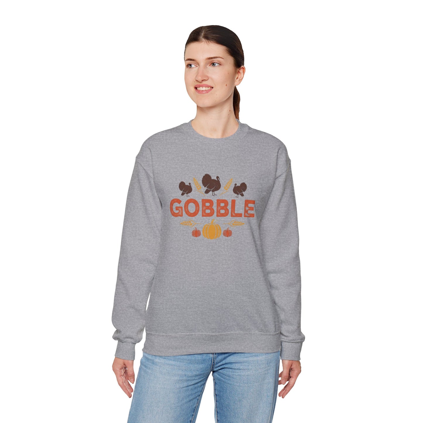 Gobble Turkey Sweatshirt, Thanksgiving Pumpkin Crewneck, Autumn Wheat & Turkey Graphic Pullover, Cozy Fall Family Turkey Day Shirt