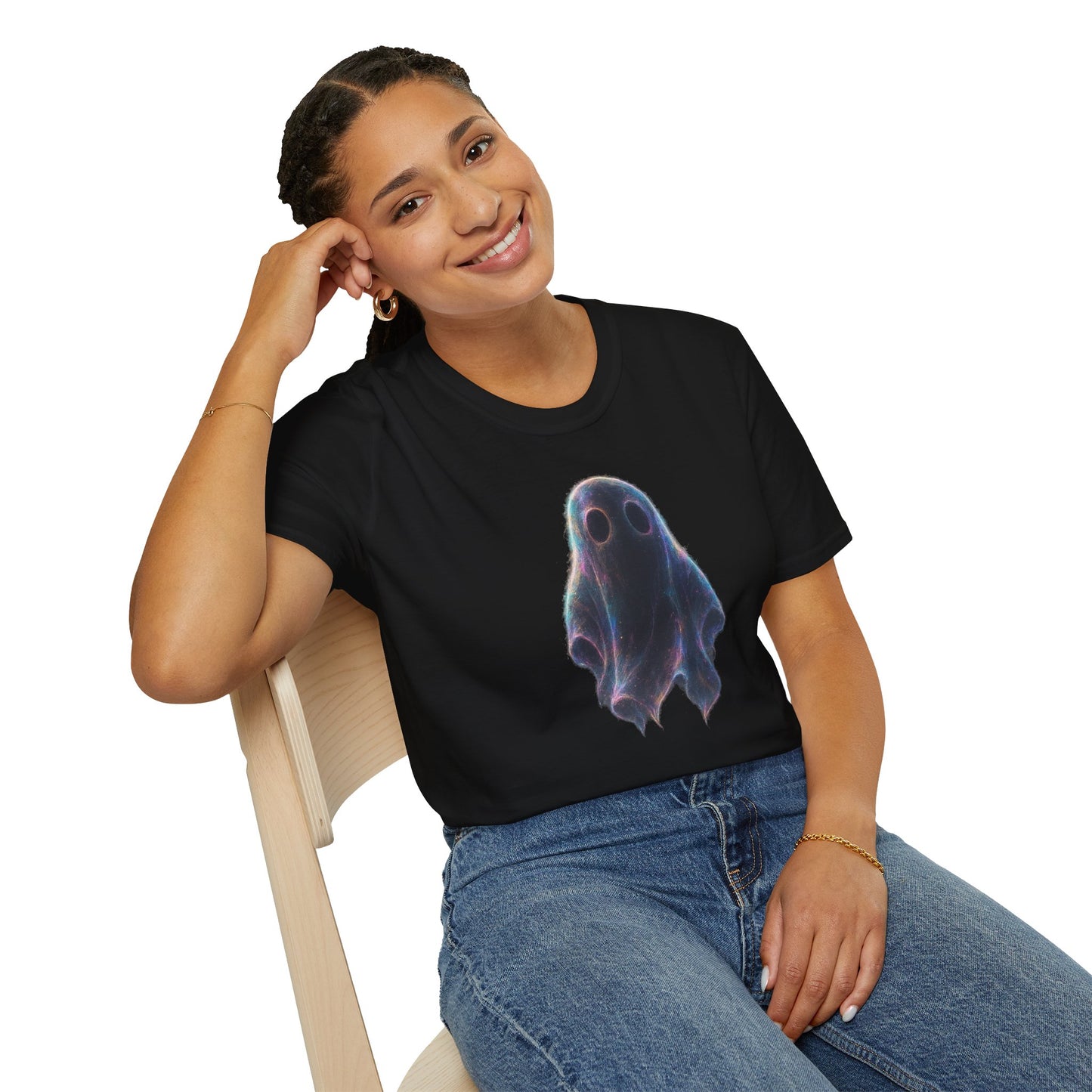 Ethereal Neon Ghost Tee - Iridescent Ghost Graphic T-Shirt, Spooky Aesthetic Halloween Shirt, Vibrant Vaporwave Ghost Tee for Fall