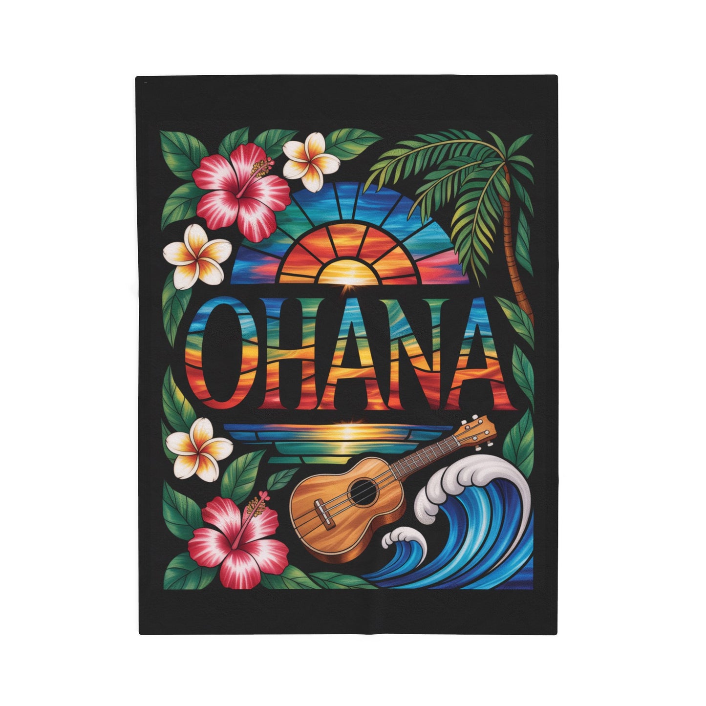 Hawaiian Ohana Blanket - Tropical Ukulele Sunset Throw with Hibiscus Flowers, Beach Waves - Cozy Island Vibes Bed Cover Gift