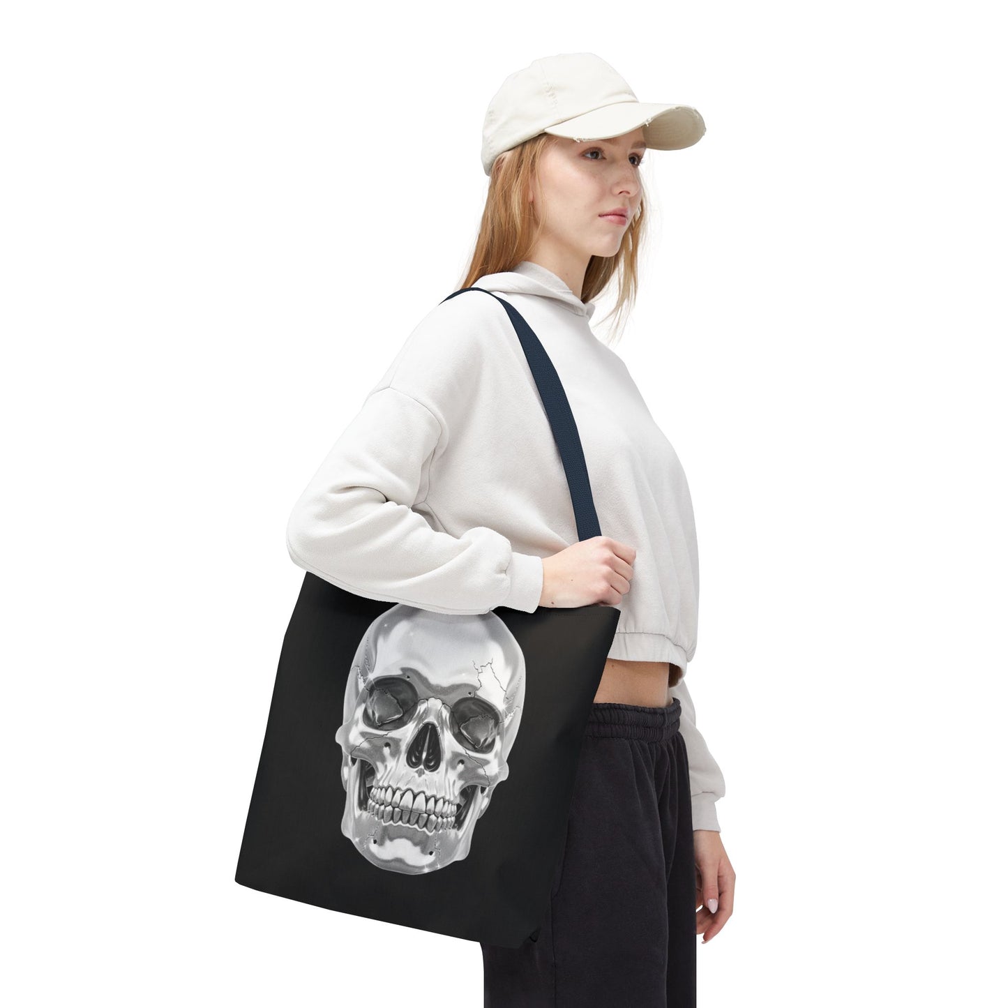 Chrome Skull Tote Bag, Gothic Halloween Canvas Tote, Metallic Skull Design Bag, Spooky Season Accessory, Skull Gift Tote For Horror Fans