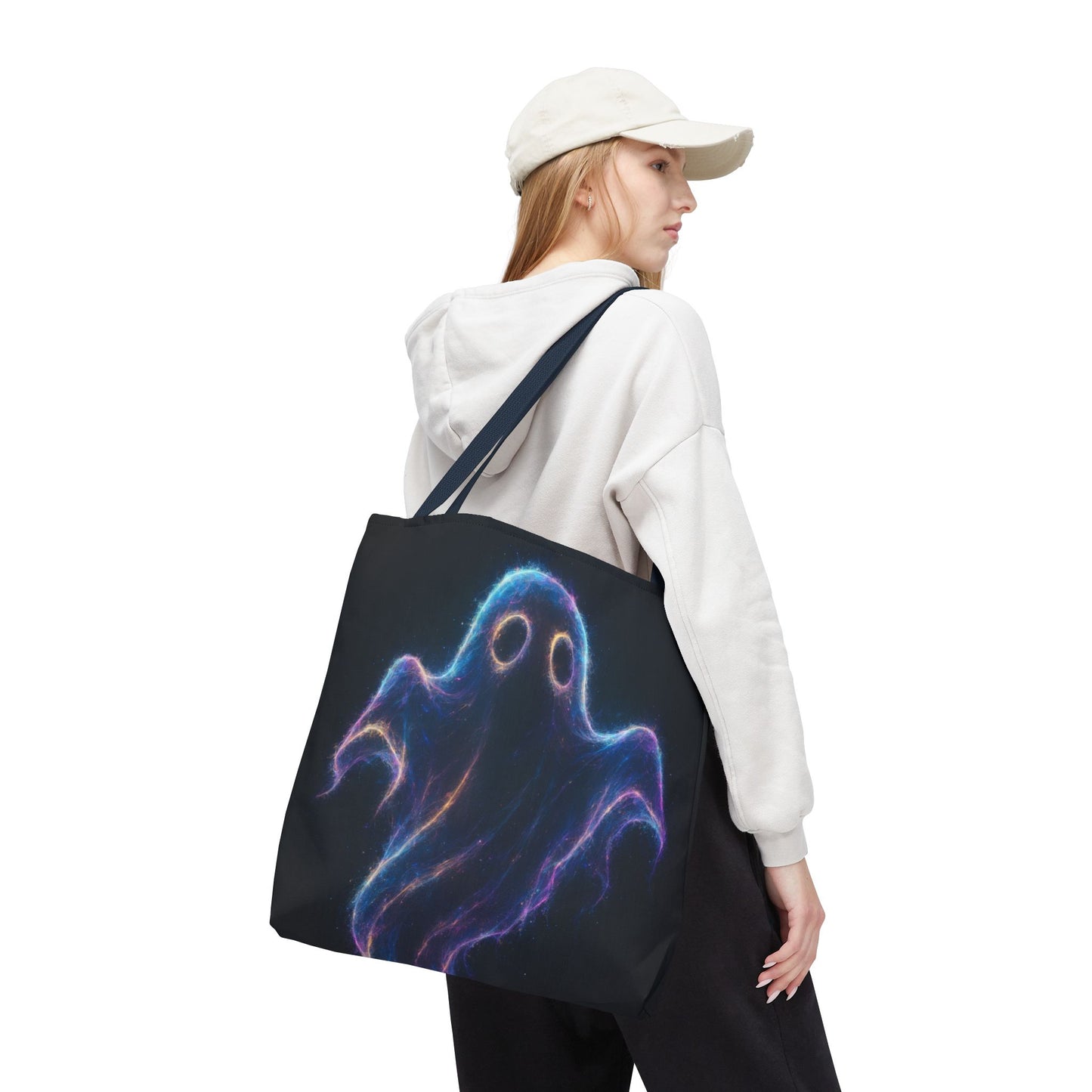 Neon Ghost Tote Bag, Spooky Halloween Canvas Tote, Glowing Cosmic Ghost Design Bag, Reusable Trick Or Treat Tote, Gothic Gift Accessory