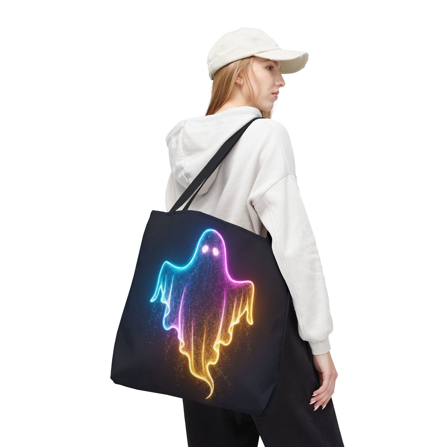 Neon Ghost Tote Bag - Bright Colorful Ghost Print Shoulder Tote, Spooky Cute Reusable Canvas Bag, Halloween Aesthetic Everyday Carry