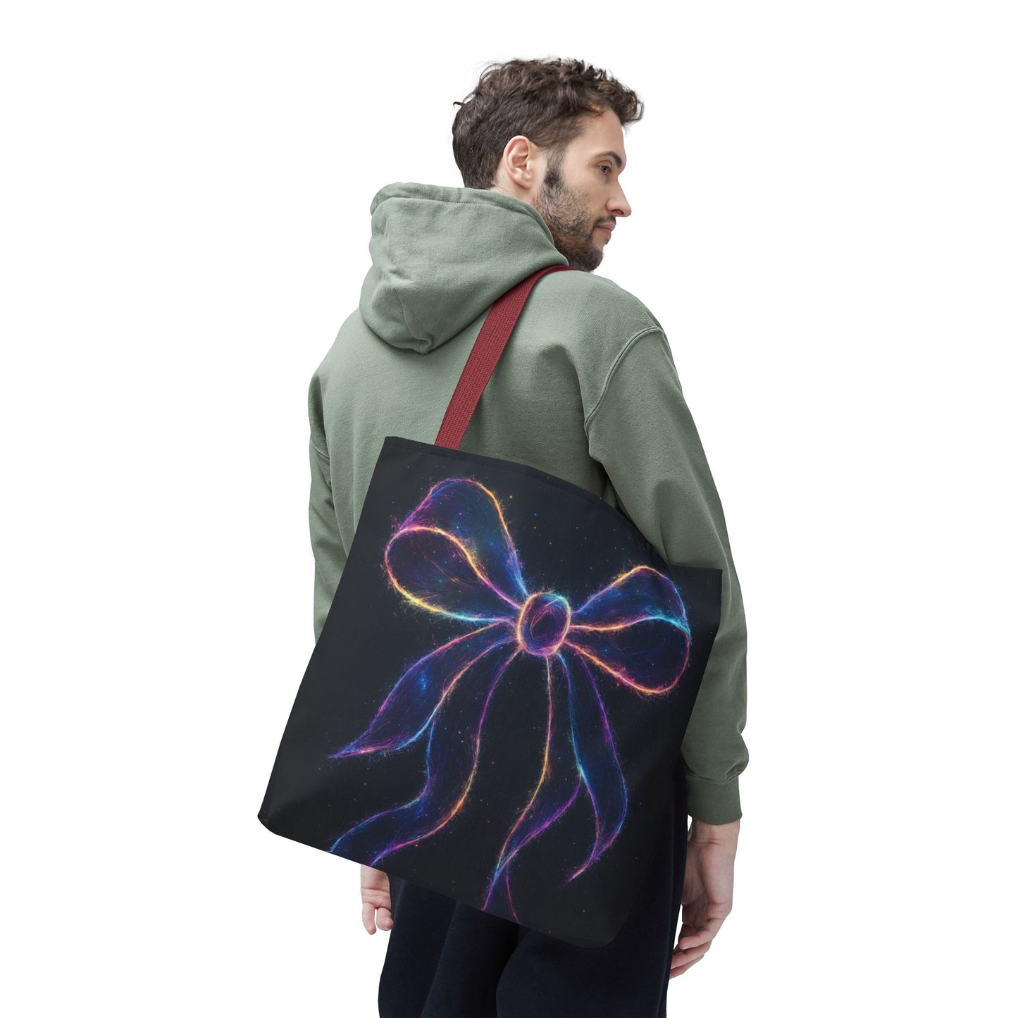 Galaxy Glow Bow Tote Bag, Cosmic Neon Ribbon Design, Black Space Art Bag, Celestial Gift For Her, Stylish Reusable Everyday Tote