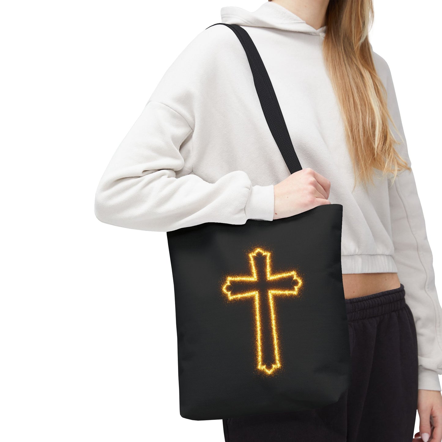 Christian Cross Tote Bag | Glowing Light Faith Bag | Inspirational Religious Gift | Black Canvas Tote | Spiritual Reusable Shopper