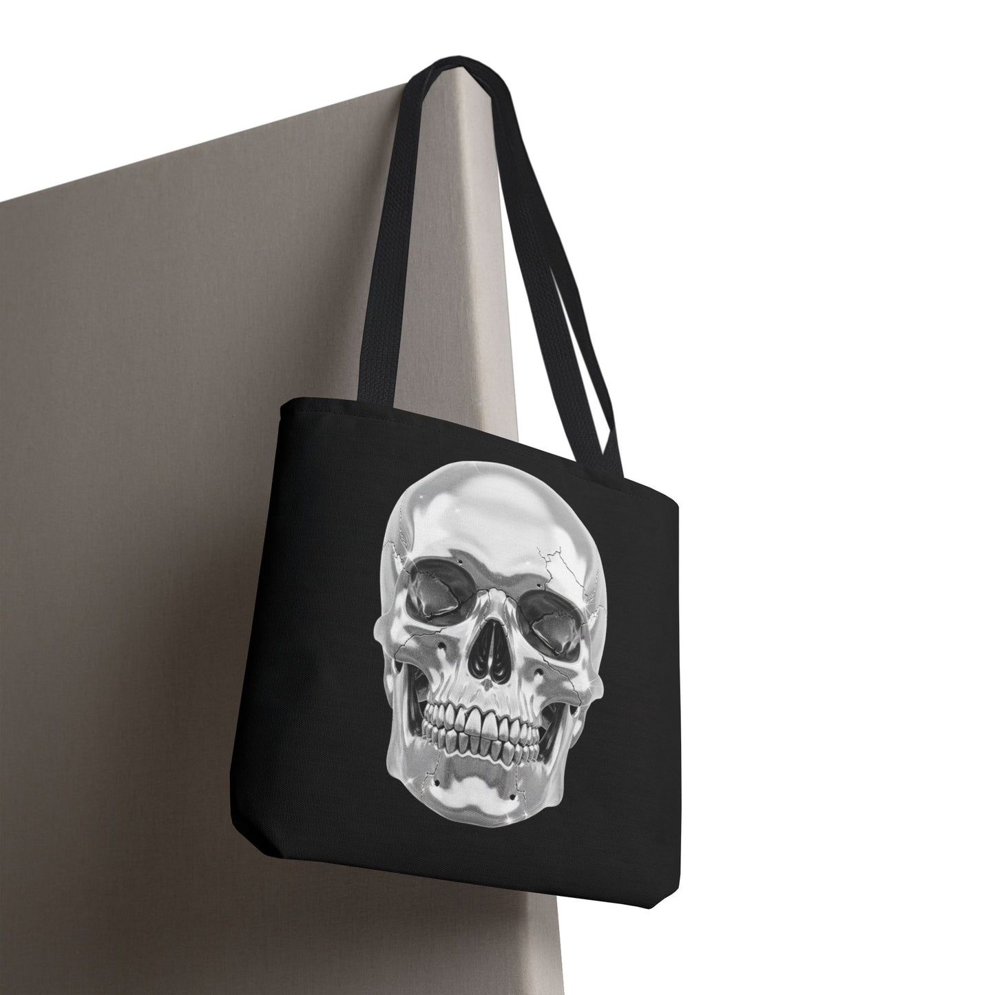 Chrome Skull Tote Bag, Gothic Halloween Canvas Tote, Metallic Skull Design Bag, Spooky Season Accessory, Skull Gift Tote For Horror Fans