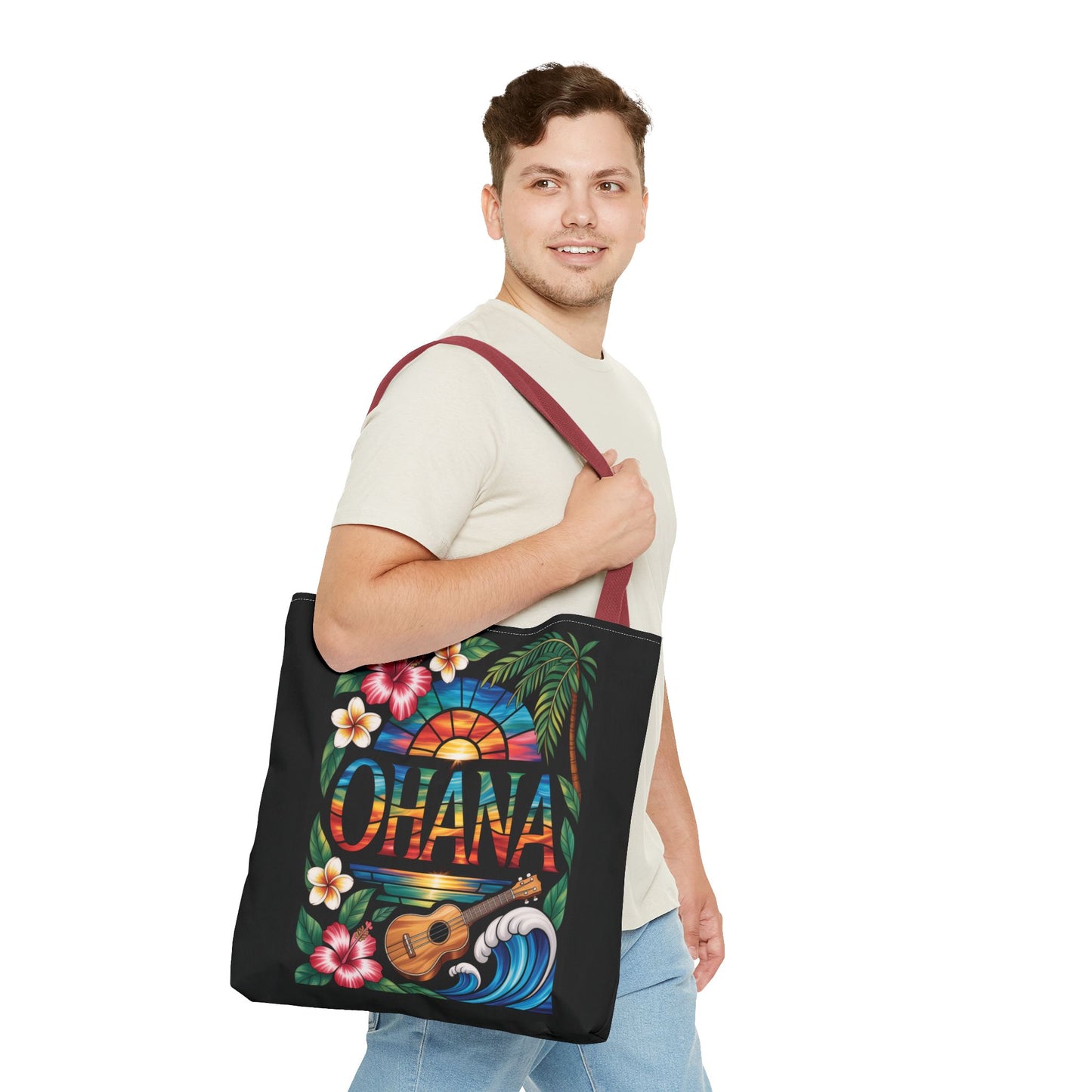 Ohana Tote Bag – Hawaiian Tropical Beach Bag with Ukulele, Sunset & Hibiscus Flowers, Island Gift for Women, Aloha Family Vibes