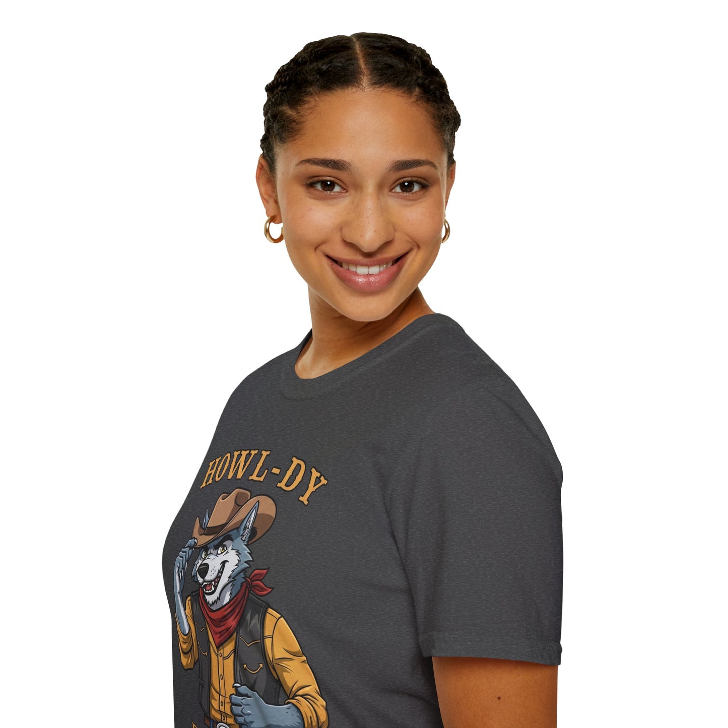 Howl-dy Partner Wolf Cowboy T-Shirt | Western Howling Wolf Graphic Tee, Funny Animal Shirt, Cowboy Gifts, Rustic Country Tee