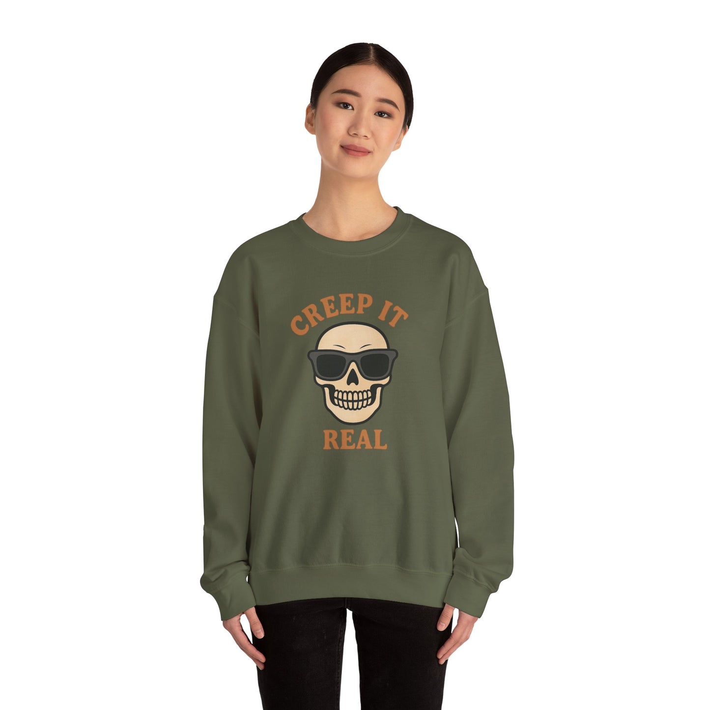 Creep It Real Skull Sweatshirt, Funny Halloween Skull Crewneck, Spooky Skeleton Pullover, Dark Graphic Sweatshirt, Unisex Halloween Gift
