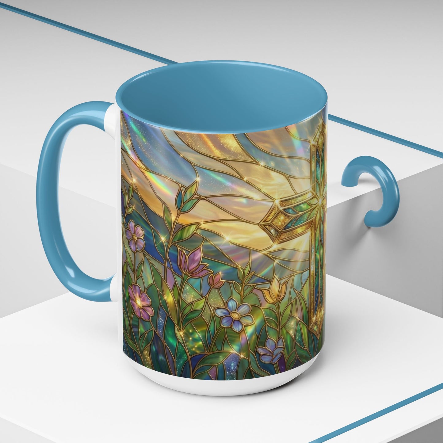 Stained Glass Cross Mug, Christian Coffee Cup With Floral Design, Faith Inspired Ceramic Mug, Religious Gift, 11oz 15oz