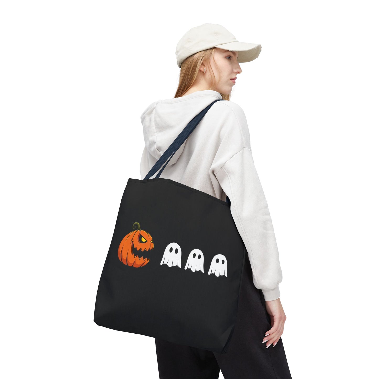Halloween pumpkin ghost tote bag, spooky trick or treat canvas bag, ghost pumpkin design reusable tote, spooky season gift tote