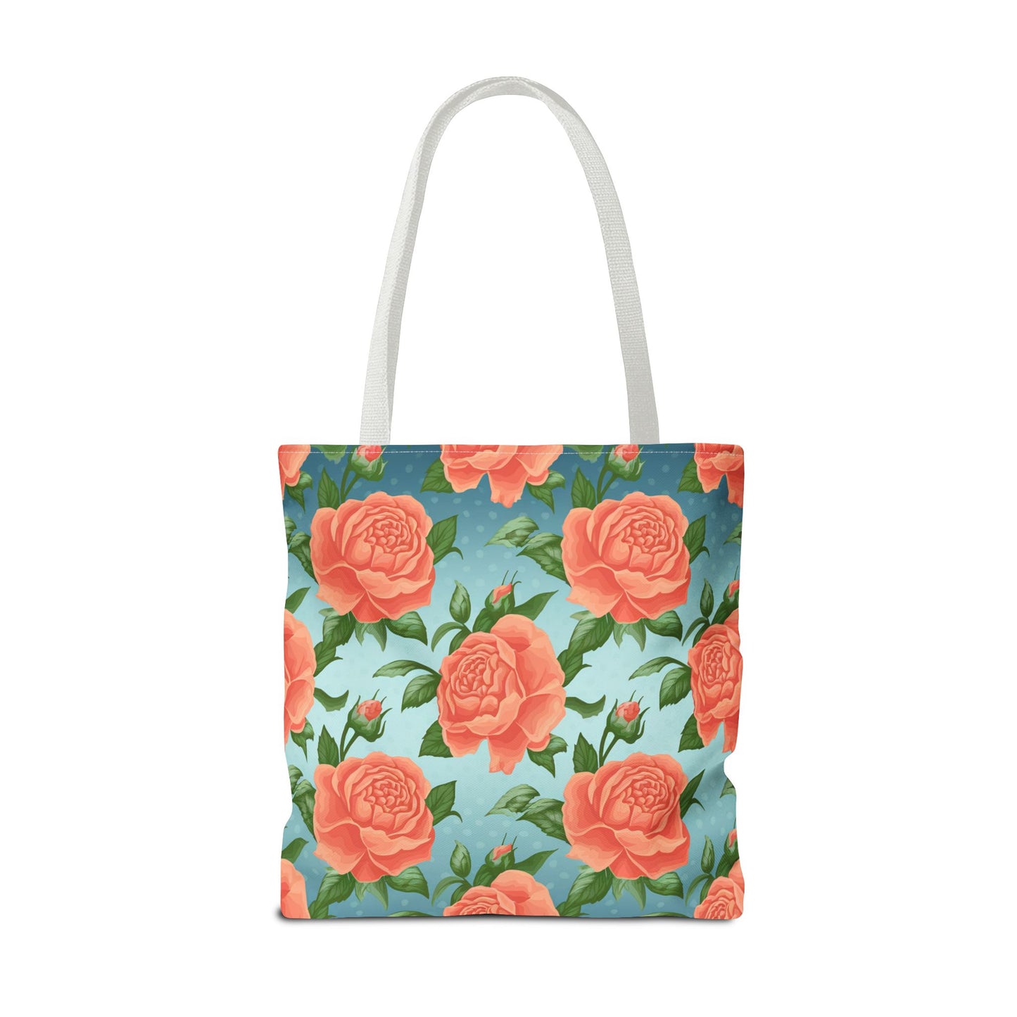 Vintage Floral Tote Bag – Coral Rose Pattern on Blue Background – Aesthetic Everyday Carry Bag – Reusable Fabric Market Tote Gift