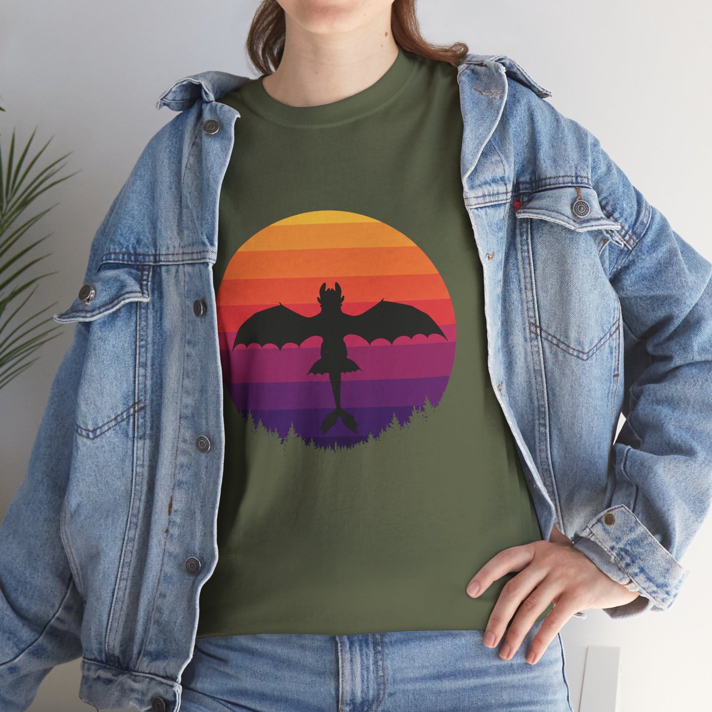 Night Dragon Sunset T-Shirt | Retro Dragon Silhouette Tee | Fantasy Dragon Shirt | Unisex Graphic Tee | Gift for Dragon Lovers