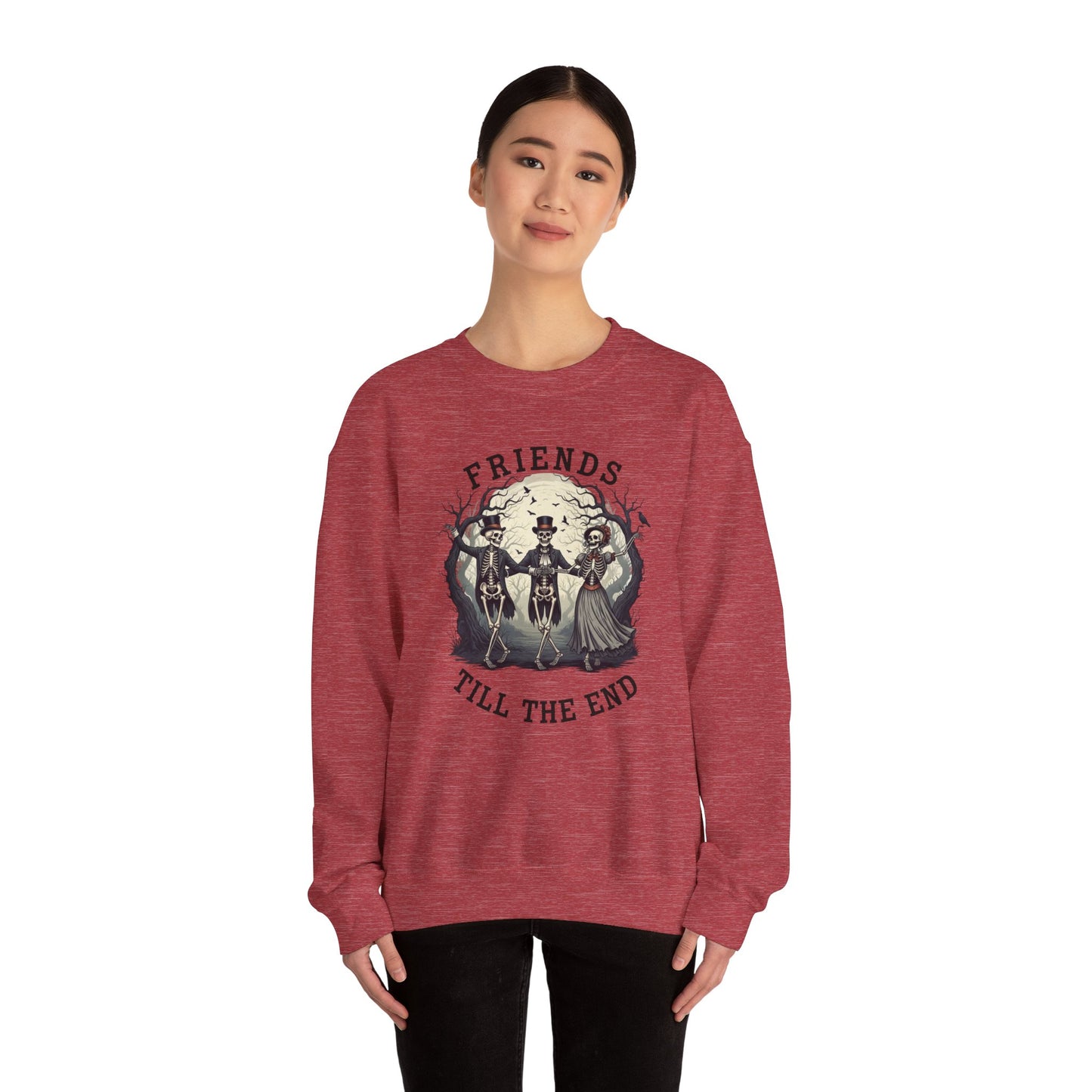 Friends Till The End Skeleton Sweatshirt | Dancing Skeletons Halloween Crewneck | Spooky Fall Graphic Pullover Gift for Bestie