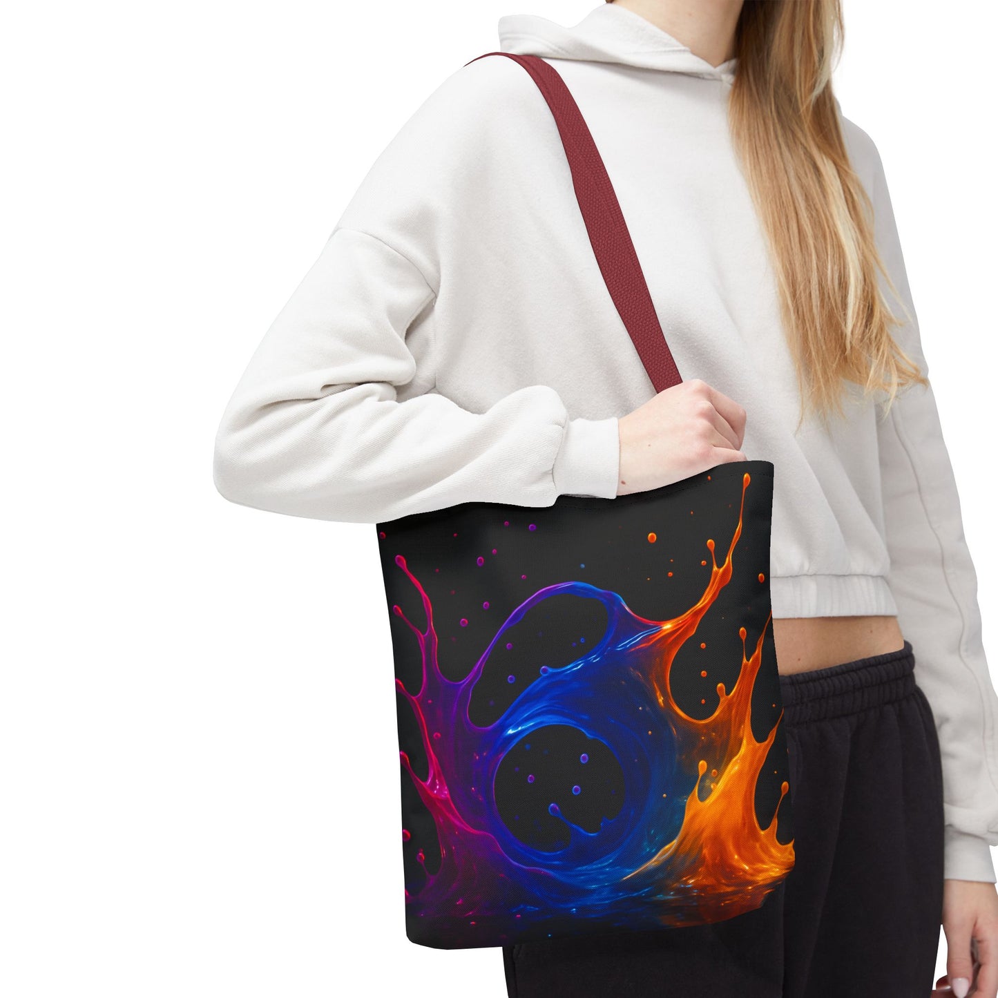 Elemental Fusion Tote Bag, Fire And Water Abstract Art Design, Vibrant Blue And Orange Splash Reusable Tote For Artists, Travel, And Everyday Use