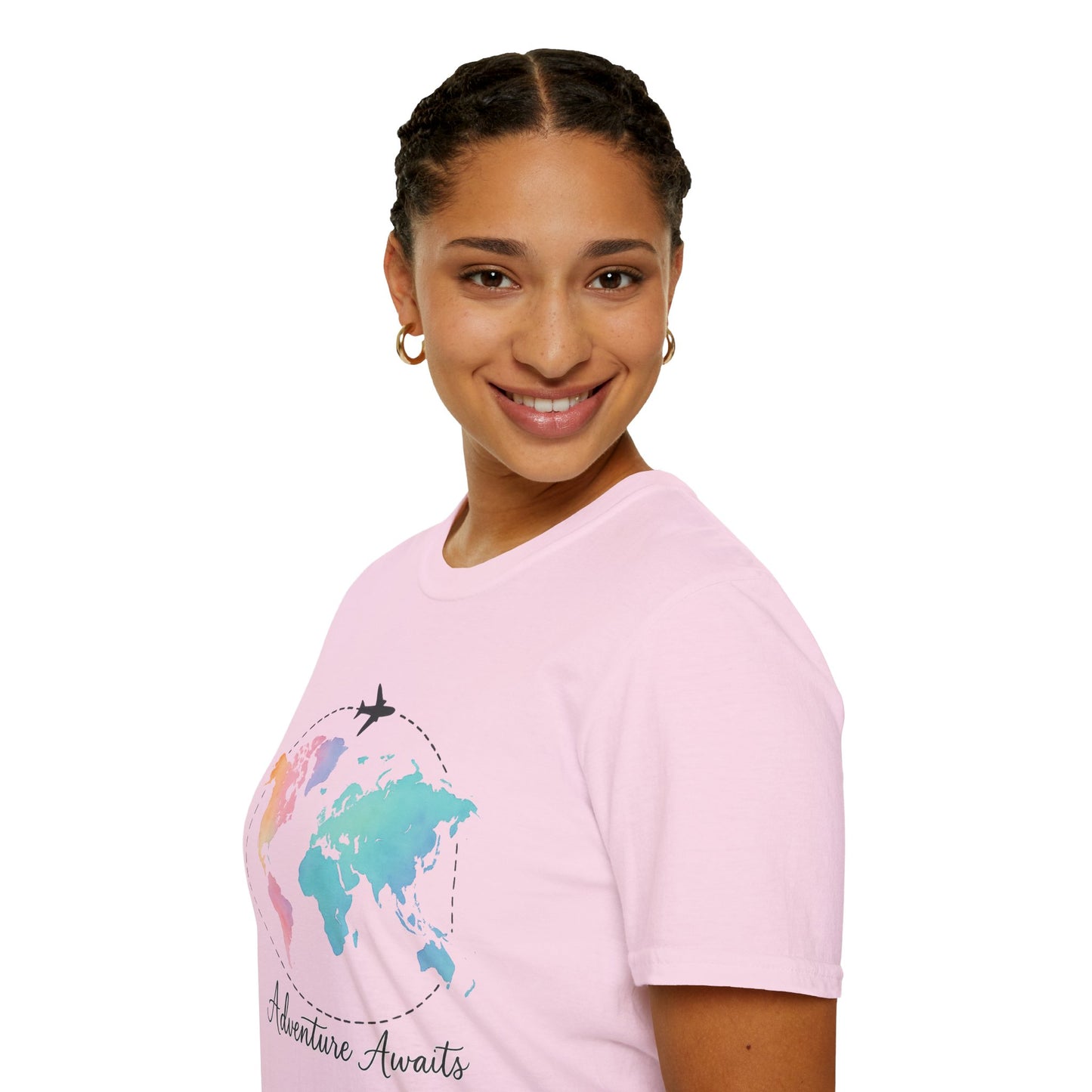 Adventure Awaits Travel Shirt | Watercolor World Map Tee for Women and Men | Wanderlust Gift for Travelers, Hikers, Campers, Beach Lovers