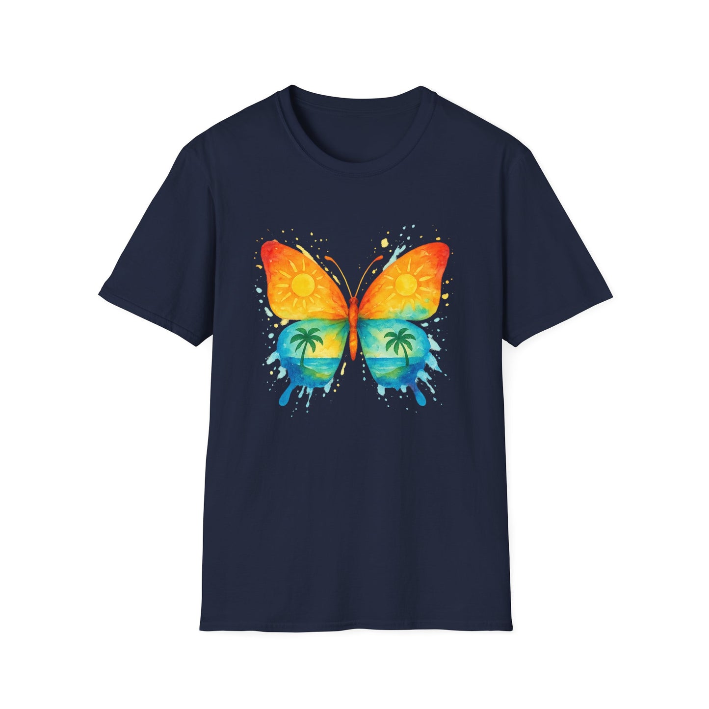 Butterfly Sunset Beach Tee - Ocean & Palm Watercolor Butterfly T-Shirt, Coastal Boho Graphic, Nature Lover Gift, Unisex Casual Tee