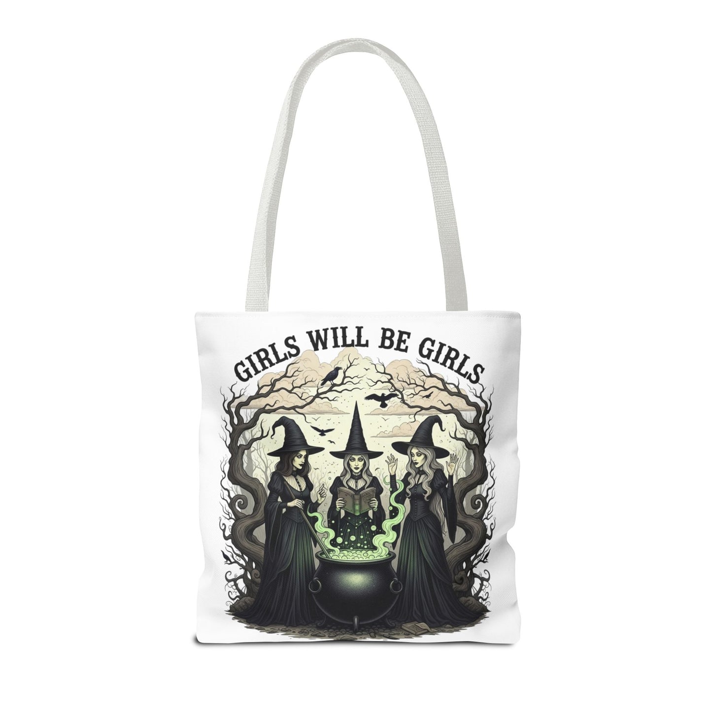Girls Will Be Girls Halloween Tote Bag, Witchy Aesthetic Bag, Gothic Witches Cauldron Art, Spooky Gift, Reusable Eco Tote For Halloween Lovers